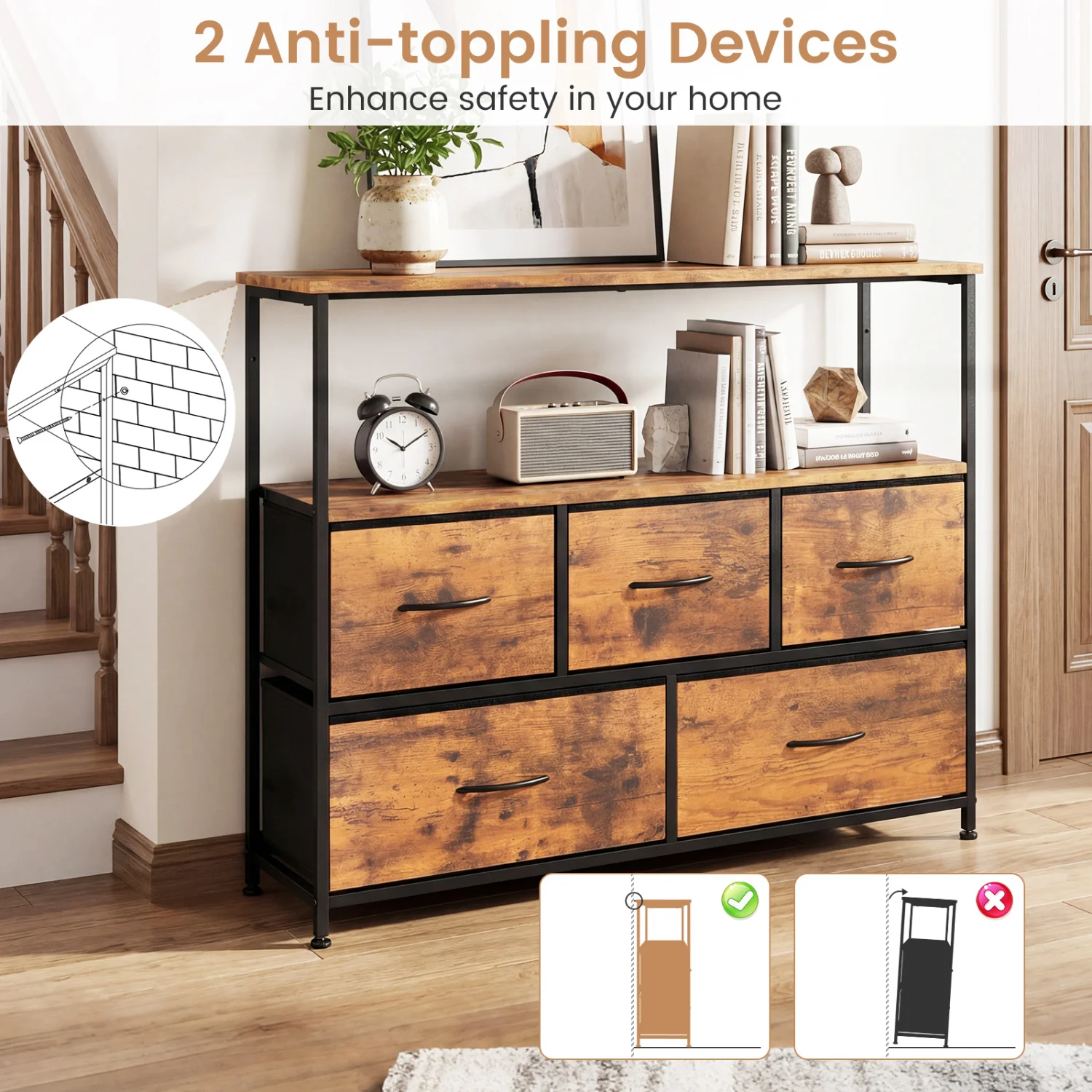 TV Stand Dresser For 45 Inch TV, 5 Fabric Drawers, Brown - Image 8