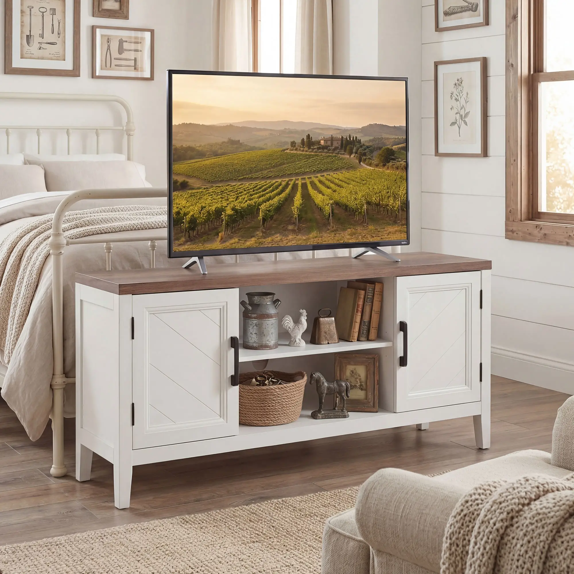 TV Stand for 55 Inch TV, Entertainment Center with Shelves, White and Brown - Image 10