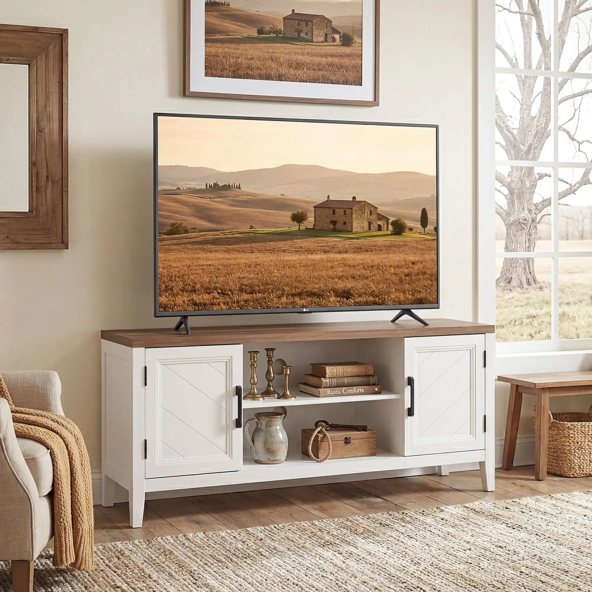TV Stand for 55 Inch TV, Entertainment Center with Shelves, White and Brown - Image 2