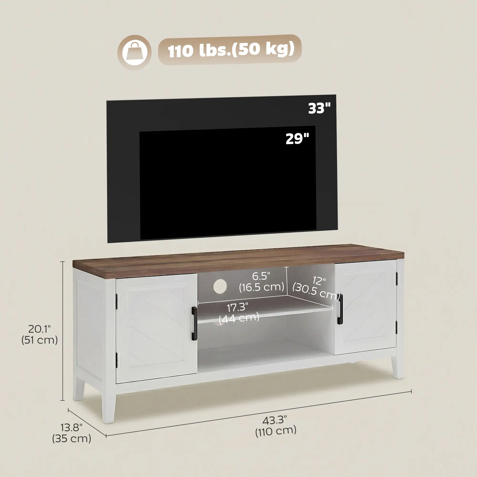 TV Stand for 55 Inch TV, Entertainment Center with Shelves, White and Brown - Image 3