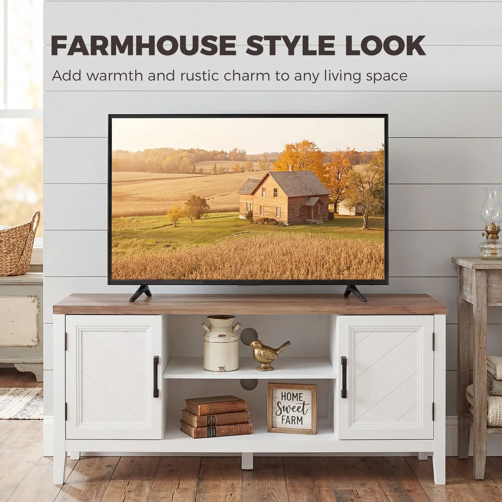 TV Stand for 55 Inch TV, Entertainment Center with Shelves, White and Brown - Image 4