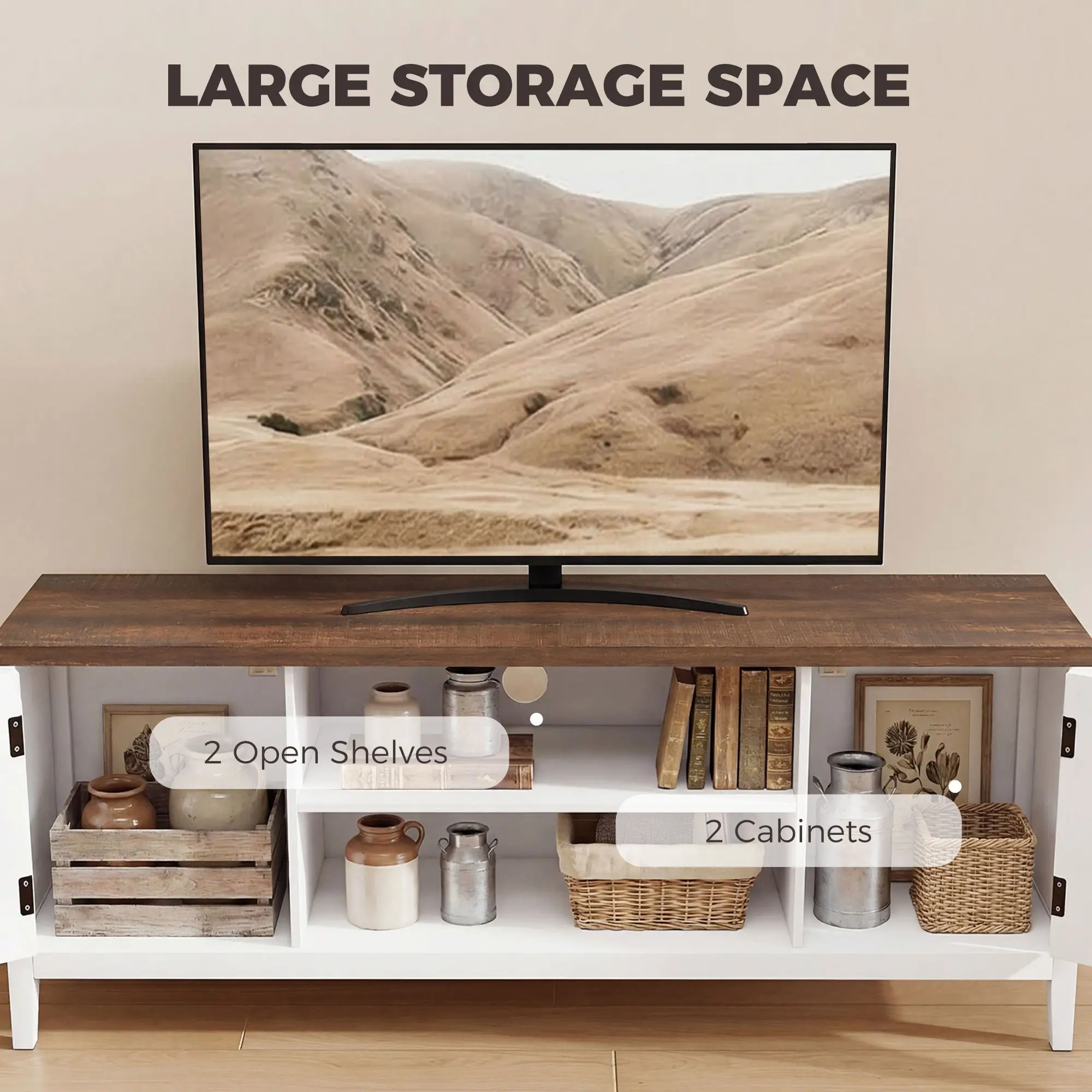 TV Stand for 55 Inch TV, Entertainment Center with Shelves, White and Brown - Image 5