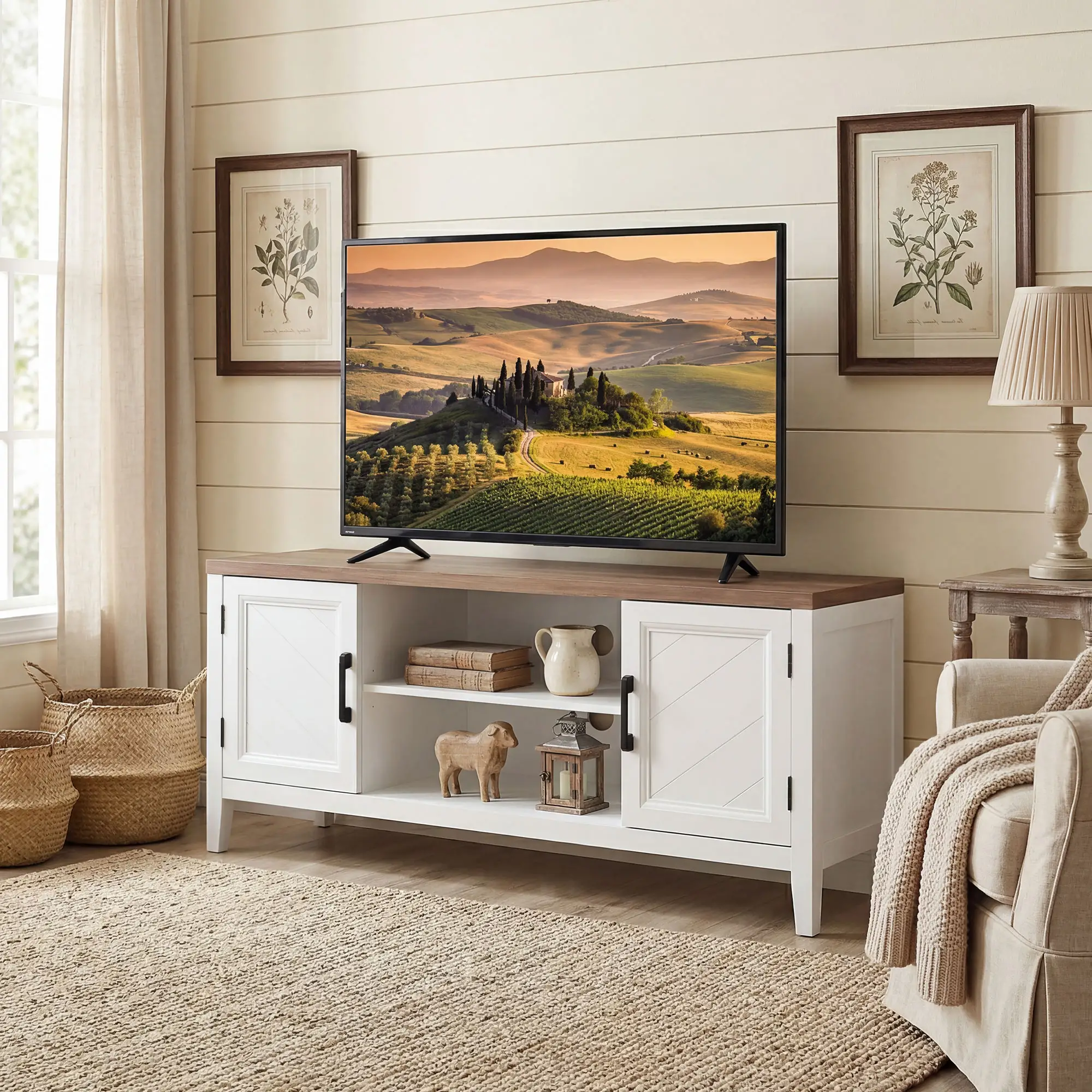 TV Stand for 55 Inch TV, Entertainment Center with Shelves, White and Brown - Image 8