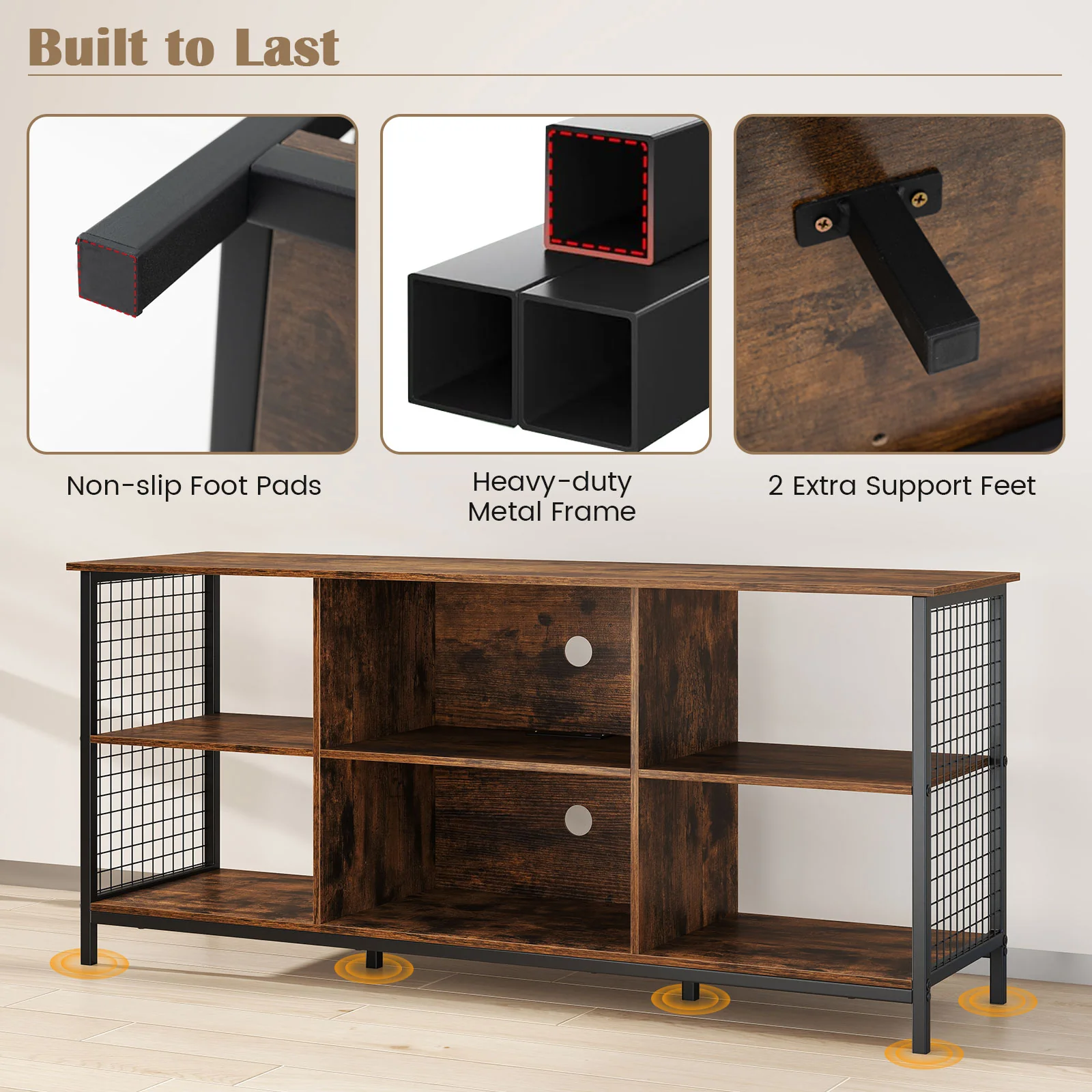 TV Stand For 65 Inch TVs, Rustic And Black, Brown - Image 10