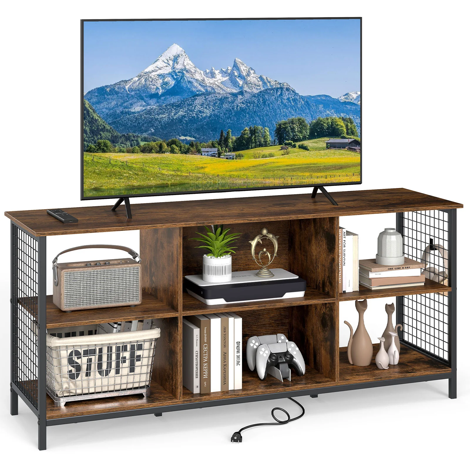 TV Stand For 65 Inch TVs, Rustic And Black, Brown - Image 5