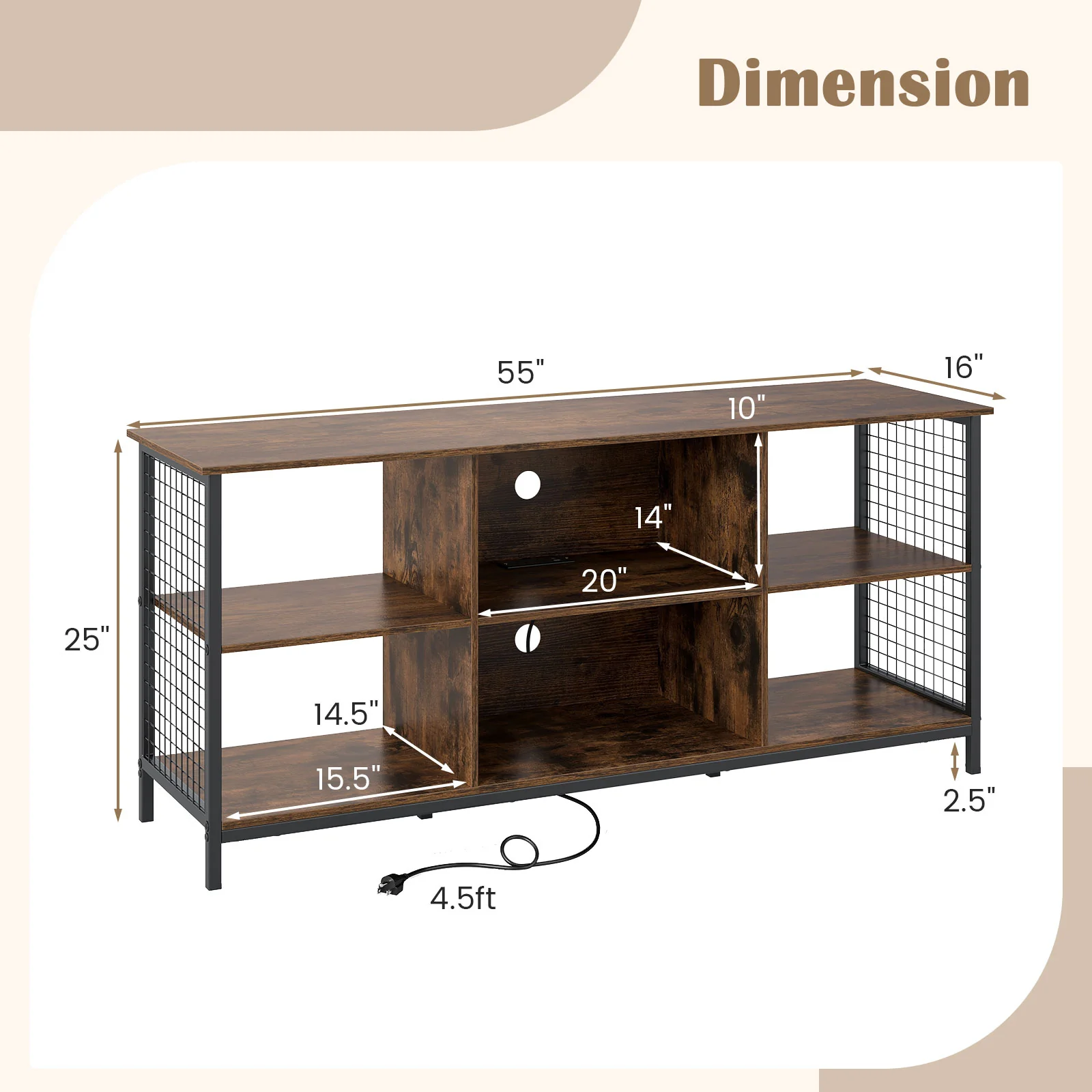 TV Stand For 65 Inch TVs, Rustic And Black, Brown - Image 6