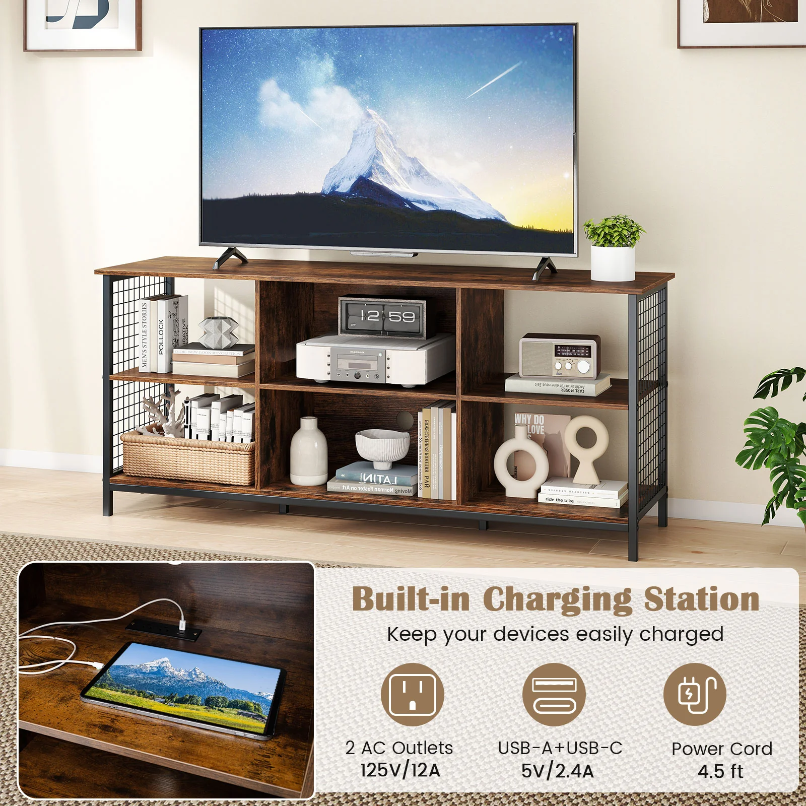 TV Stand For 65 Inch TVs, Rustic And Black, Brown - Image 9