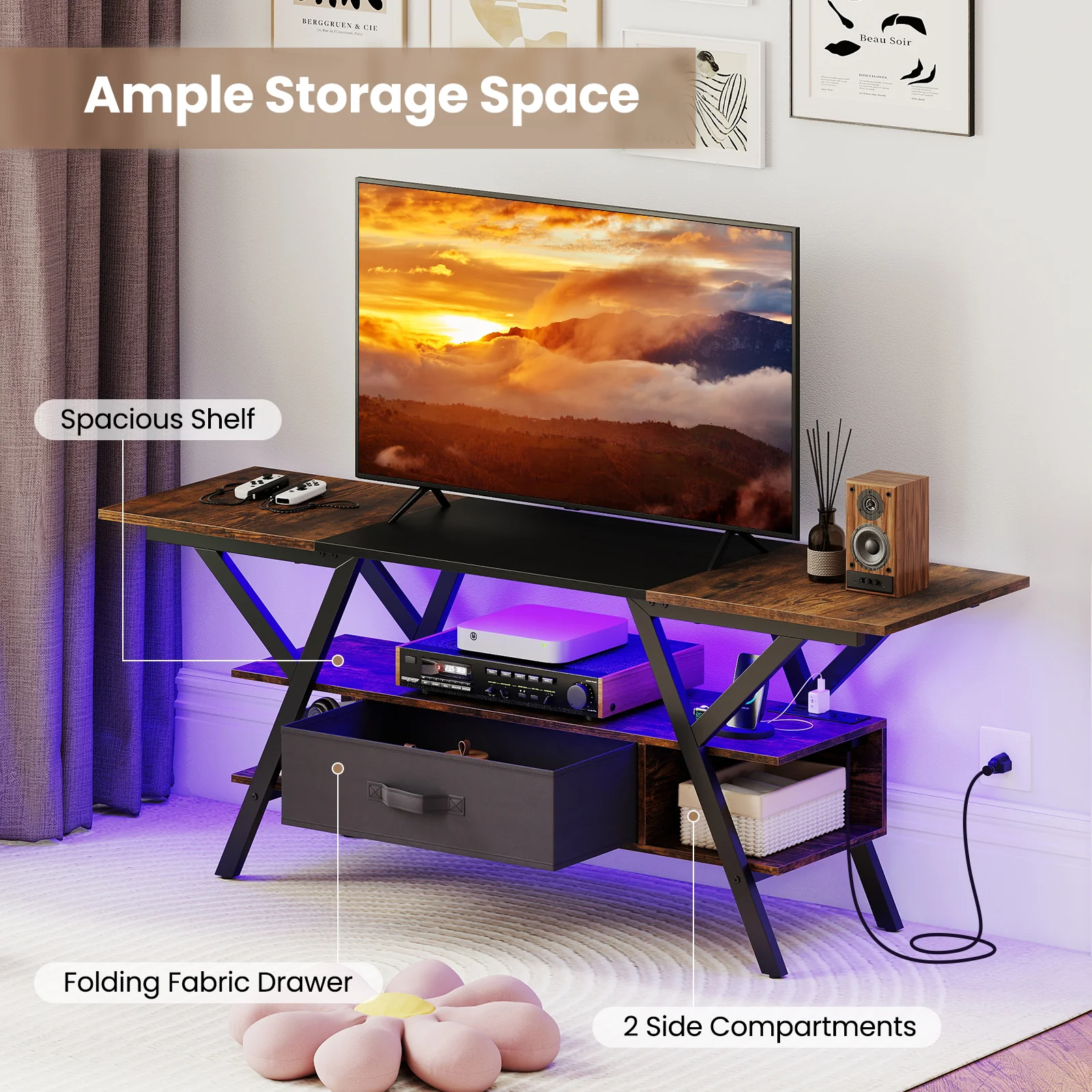 TV Stand For 65 Inch TVs, With Power Outlets And LED Lights, Rustic Brown - Image 10