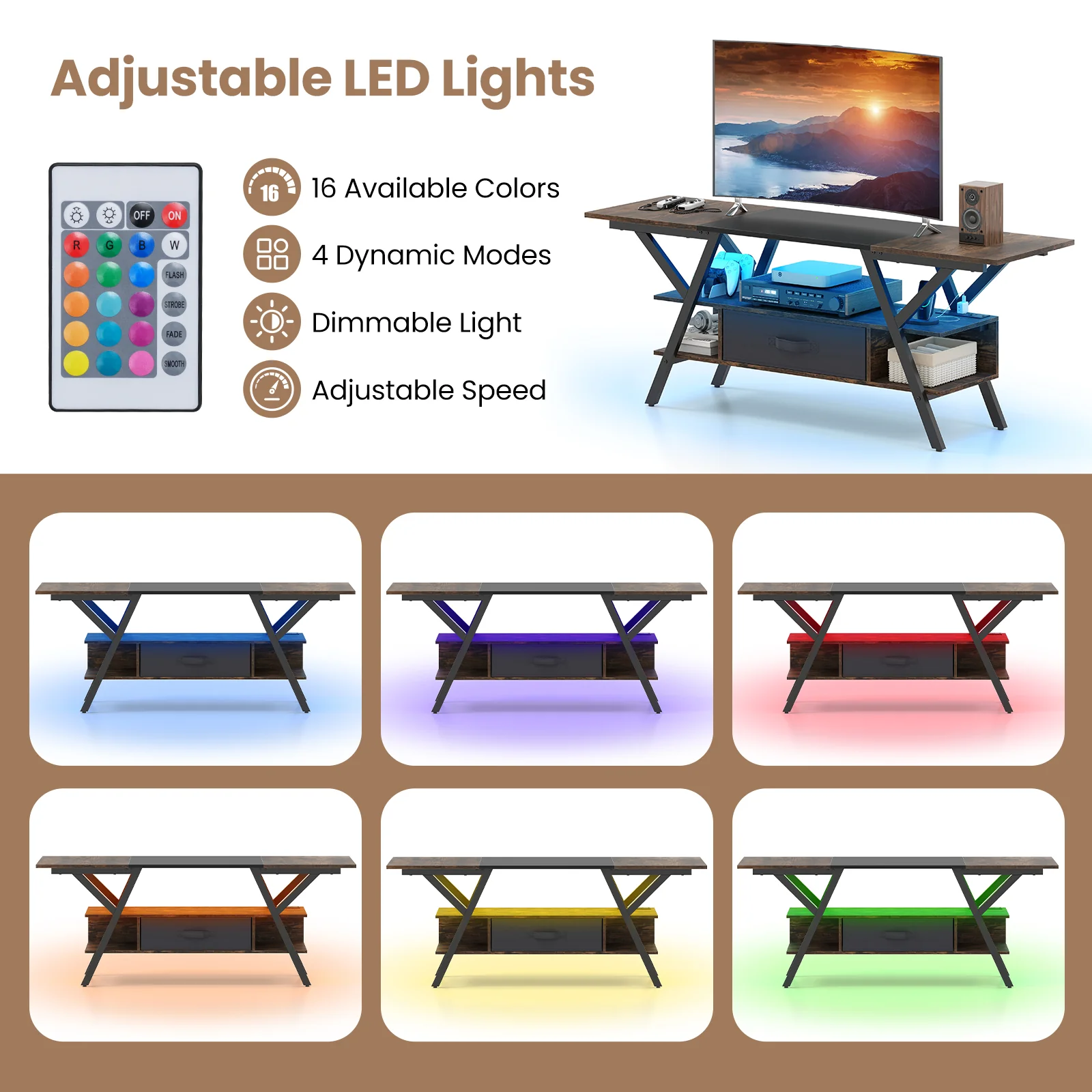 TV Stand For 65 Inch TVs, With Power Outlets And LED Lights, Rustic Brown - Image 8