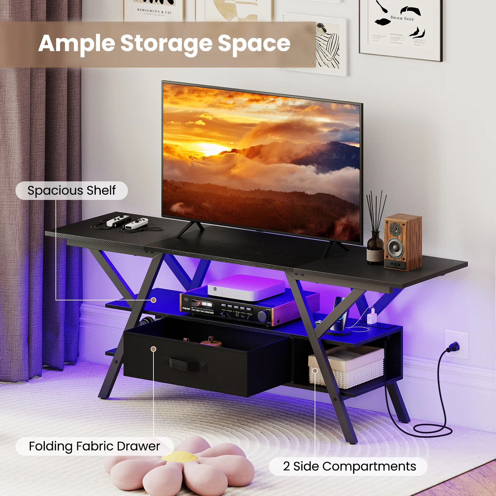 TV Stand For 65 Inch TVs With Power Outlets, LED Lights, Black - Image 10