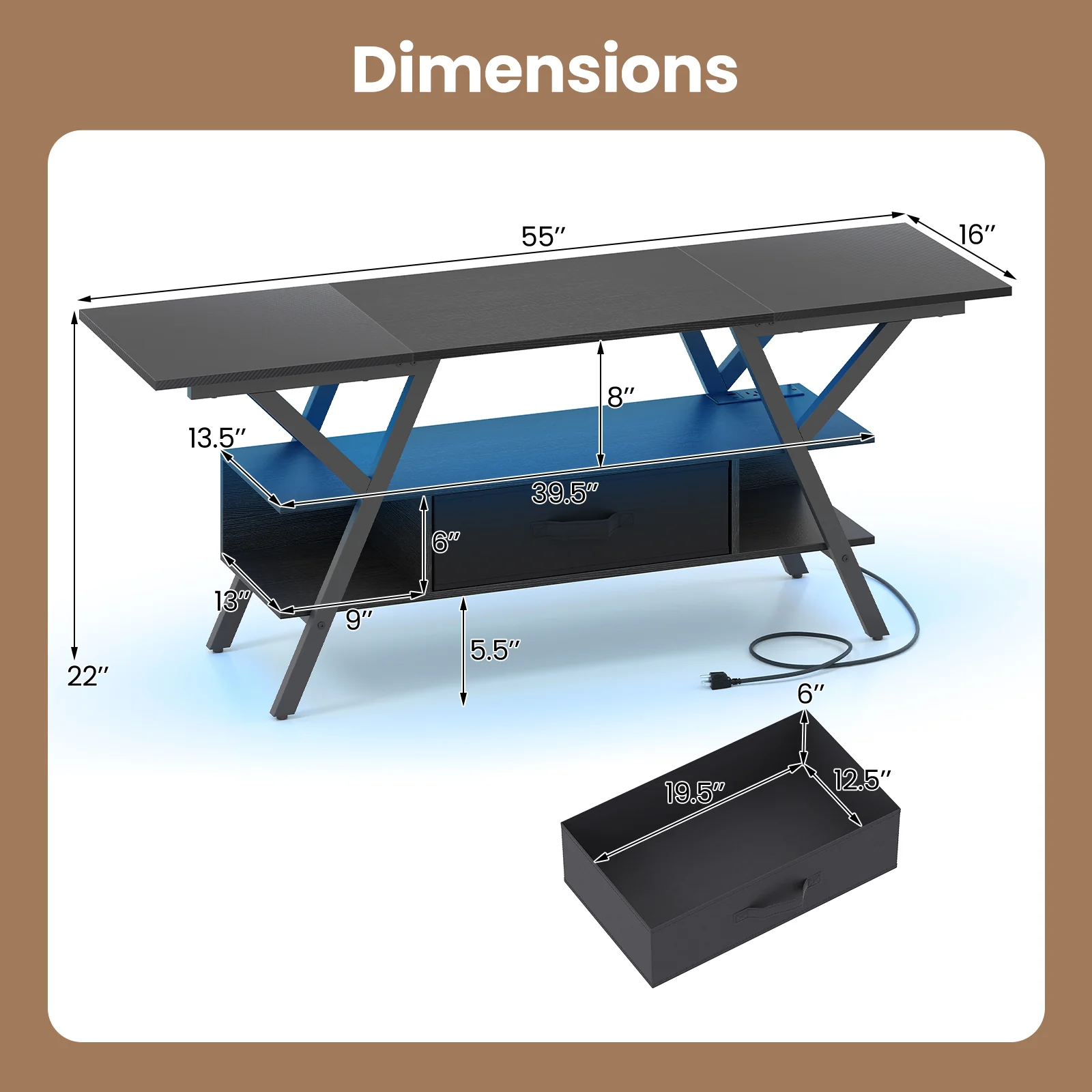 TV Stand For 65 Inch TVs With Power Outlets, LED Lights, Black - Image 6