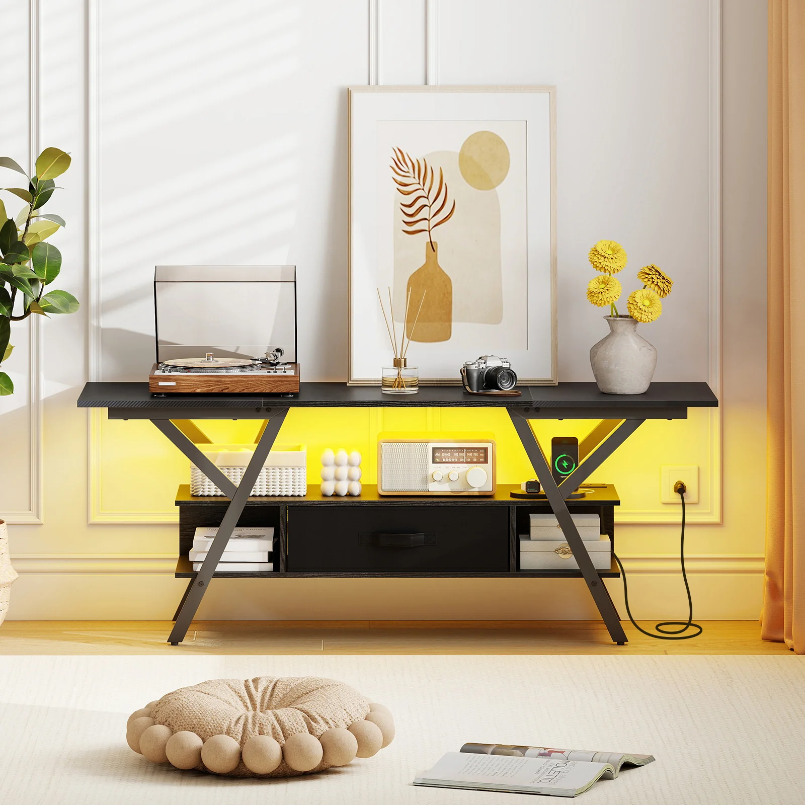 TV Stand For 65 Inch TVs With Power Outlets, LED Lights, Black - Image 7