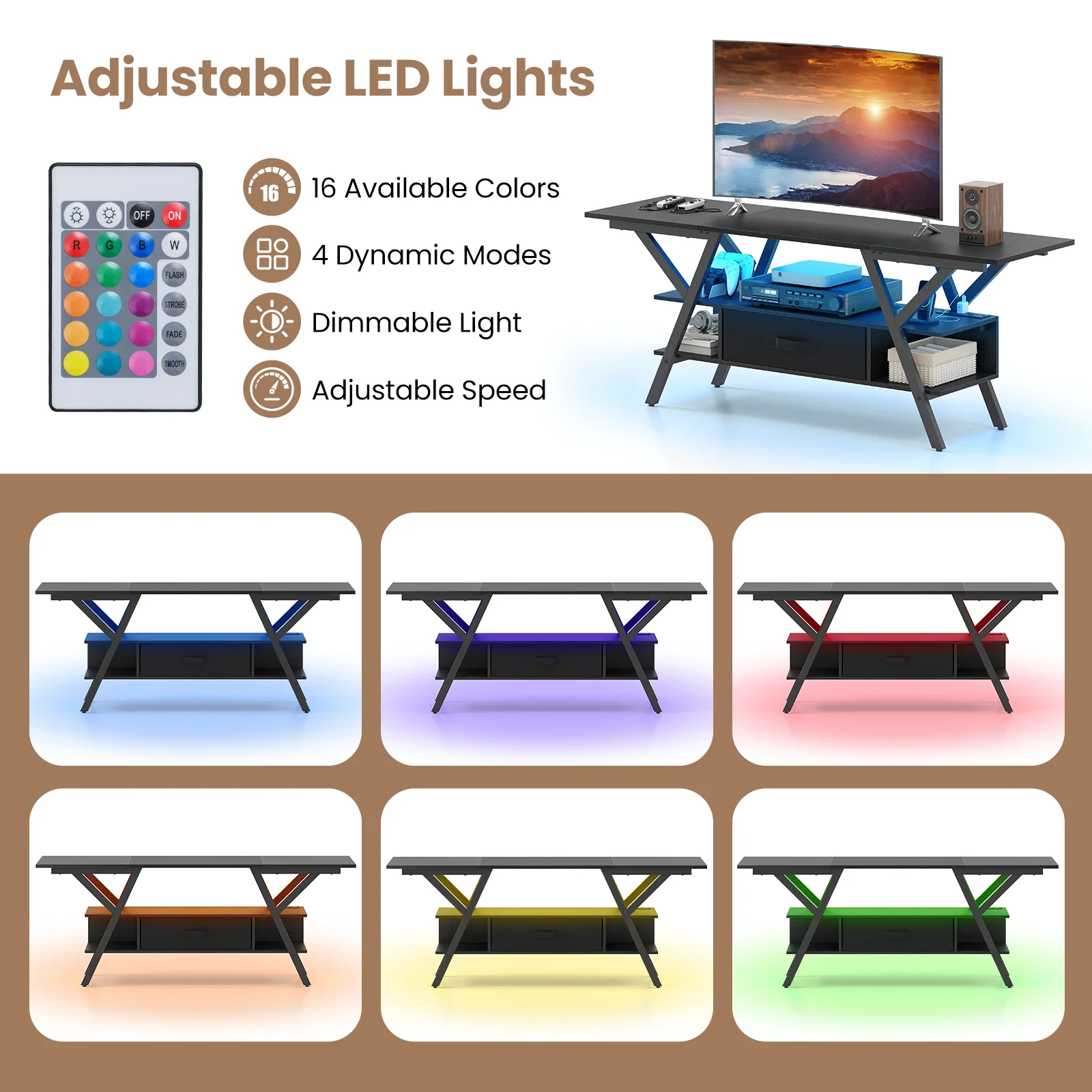 TV Stand For 65 Inch TVs With Power Outlets, LED Lights, Black - Image 8