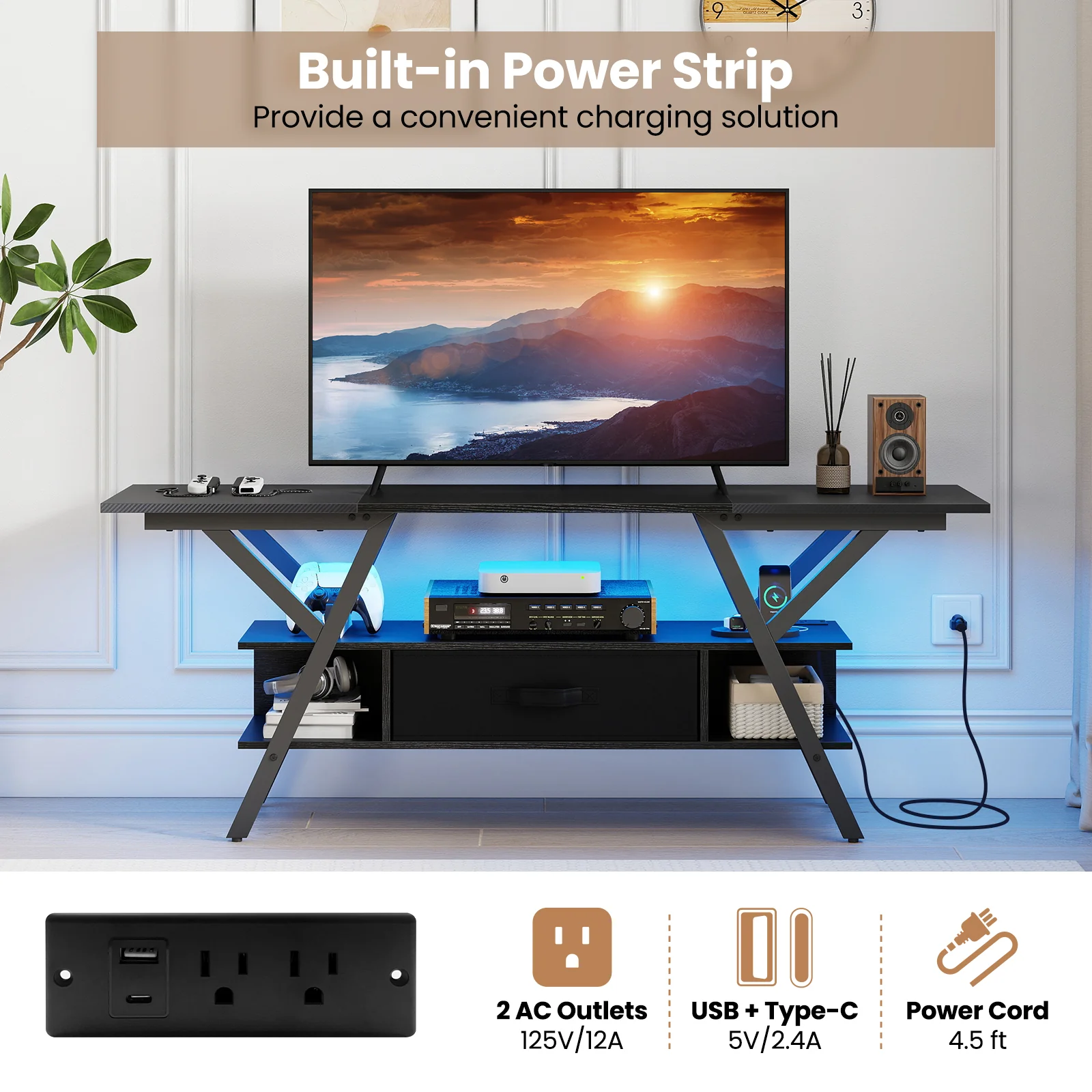 TV Stand For 65 Inch TVs With Power Outlets, LED Lights, Black - Image 9