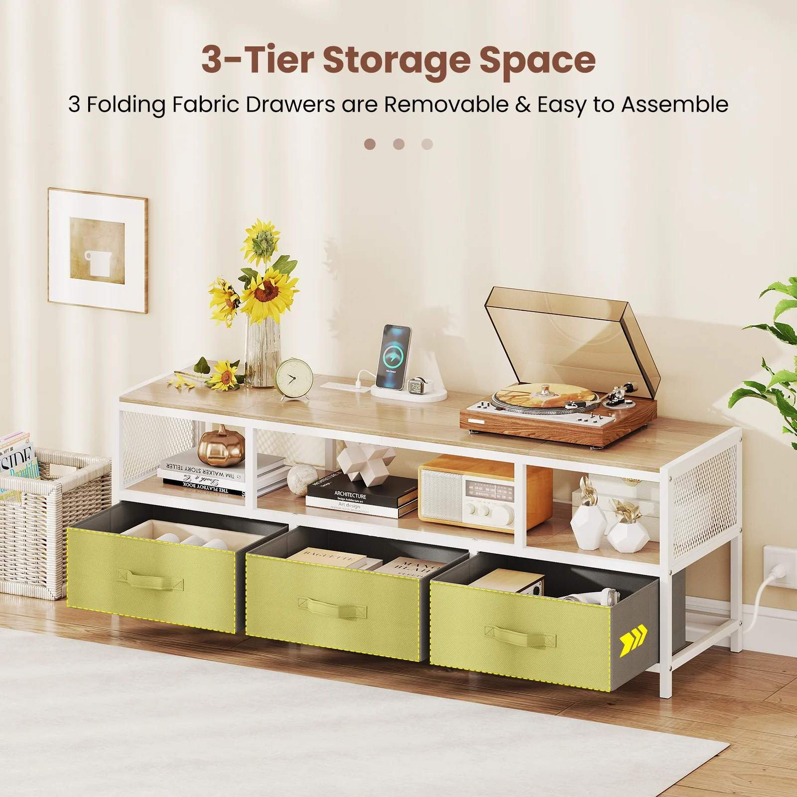 TV Stand For 65 Inches, Power Outlets USB Charging, Natural - Image 10