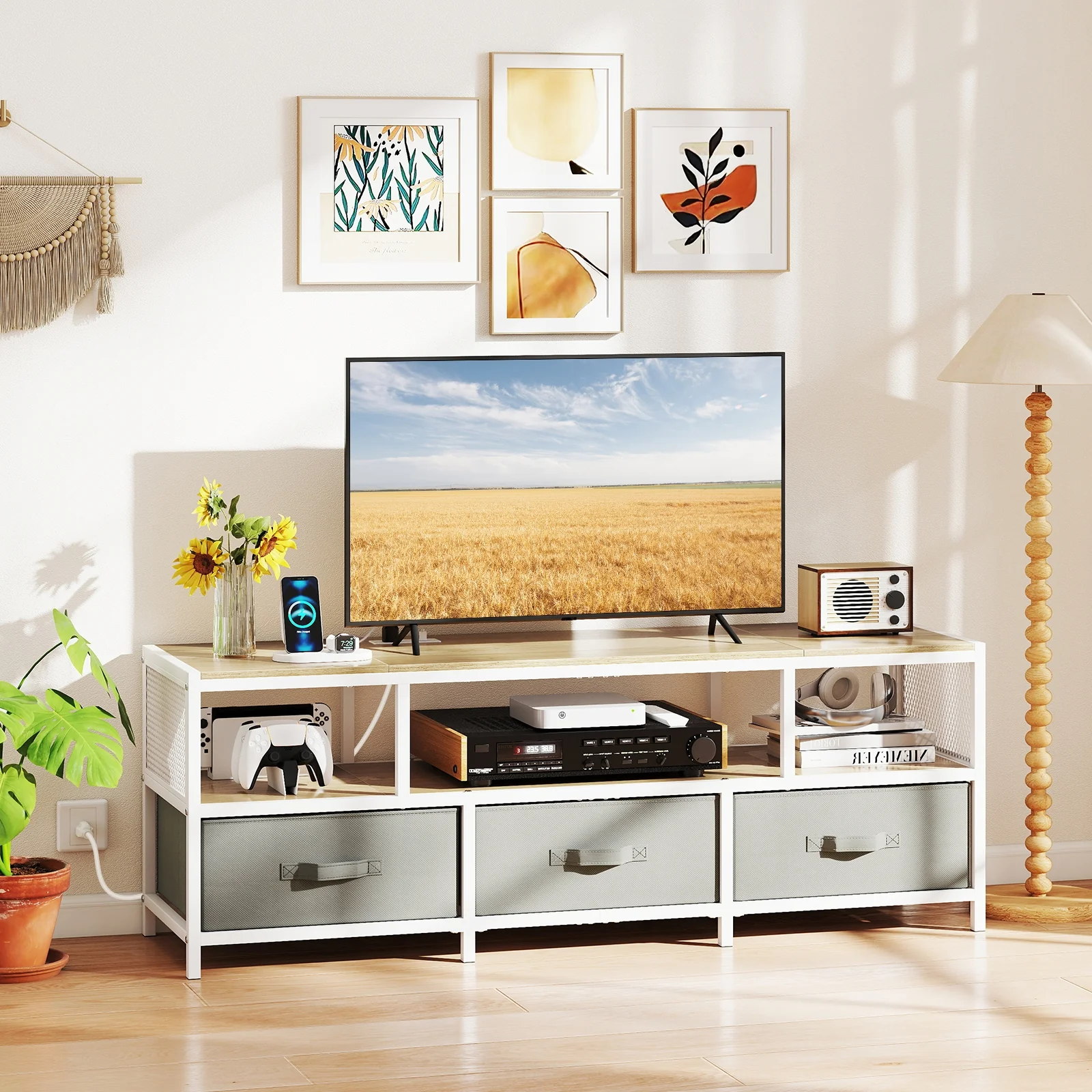 TV Stand For 65 Inches, Power Outlets USB Charging, Natural - Image 2