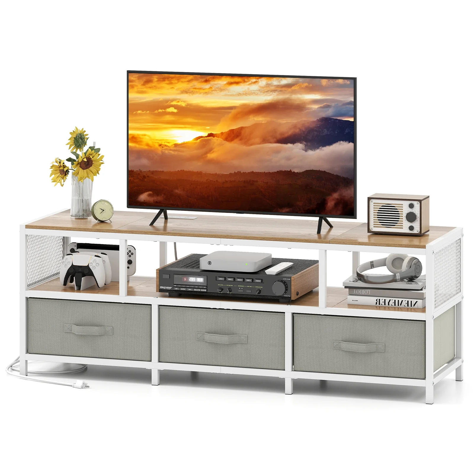 TV Stand For 65 Inches, Power Outlets USB Charging, Natural - Image 5