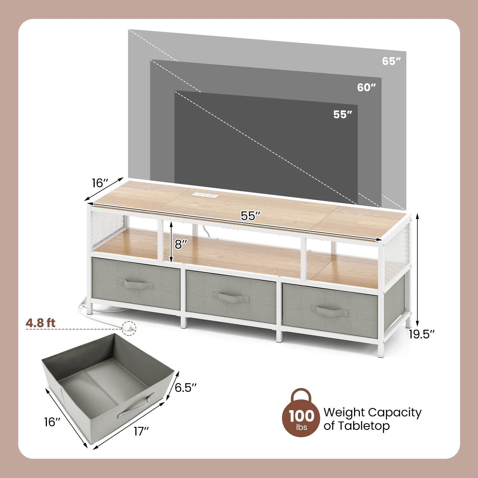 TV Stand For 65 Inches, Power Outlets USB Charging, Natural - Image 6
