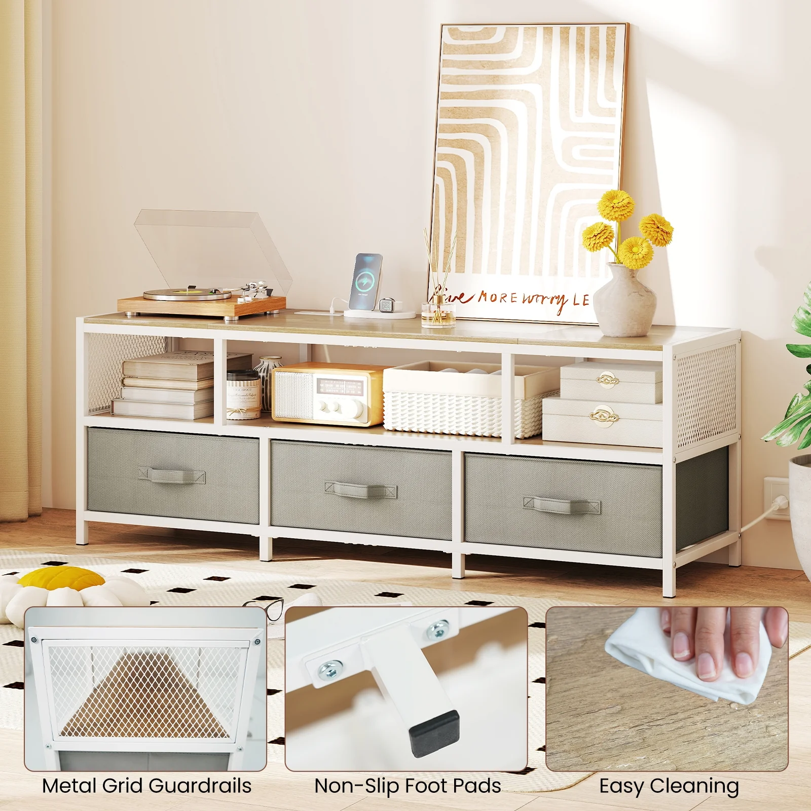 TV Stand For 65 Inches, Power Outlets USB Charging, Natural - Image 8