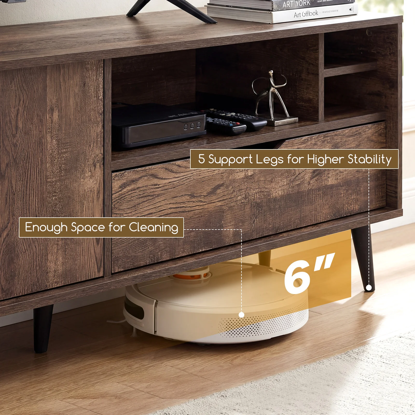TV Stand For 65 Inches, Rustic Entertainment Center, Brown - Image 10