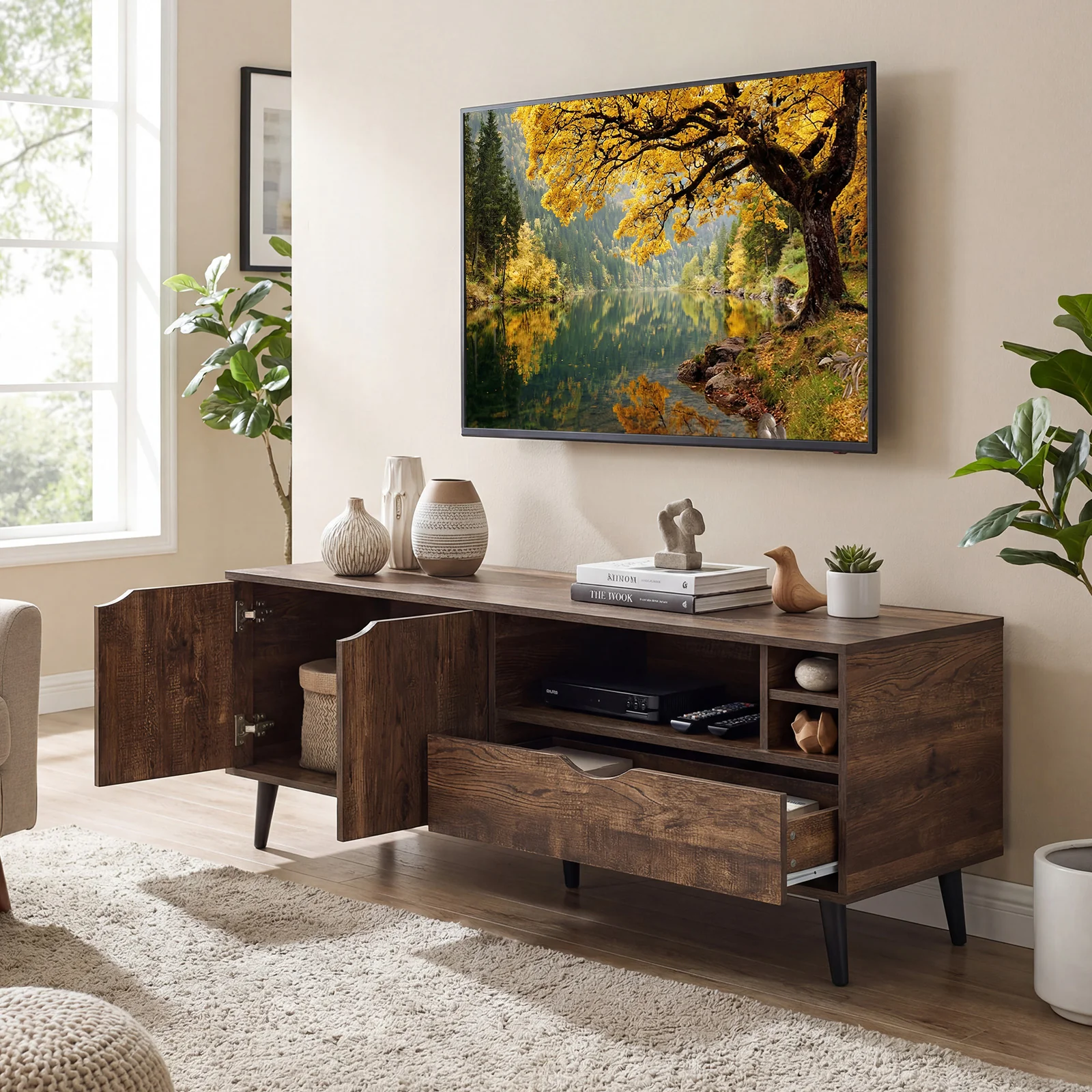 TV Stand For 65 Inches, Rustic Entertainment Center, Brown - Image 3