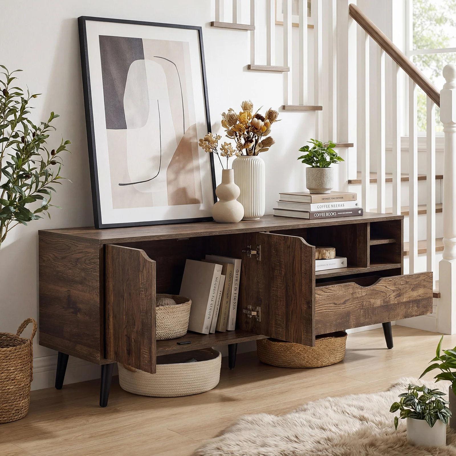 TV Stand For 65 Inches, Rustic Entertainment Center, Brown - Image 6