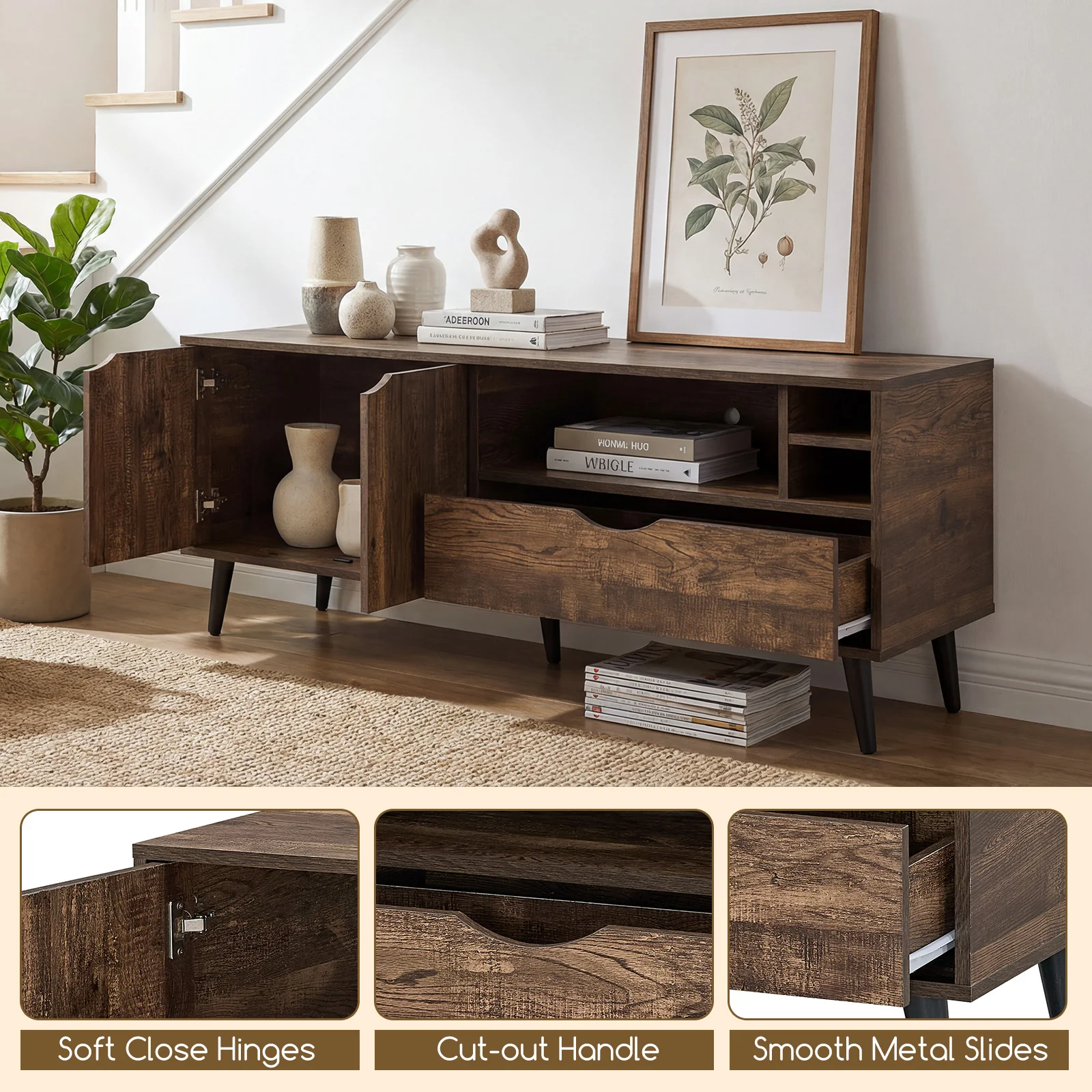 TV Stand For 65 Inches, Rustic Entertainment Center, Brown - Image 7