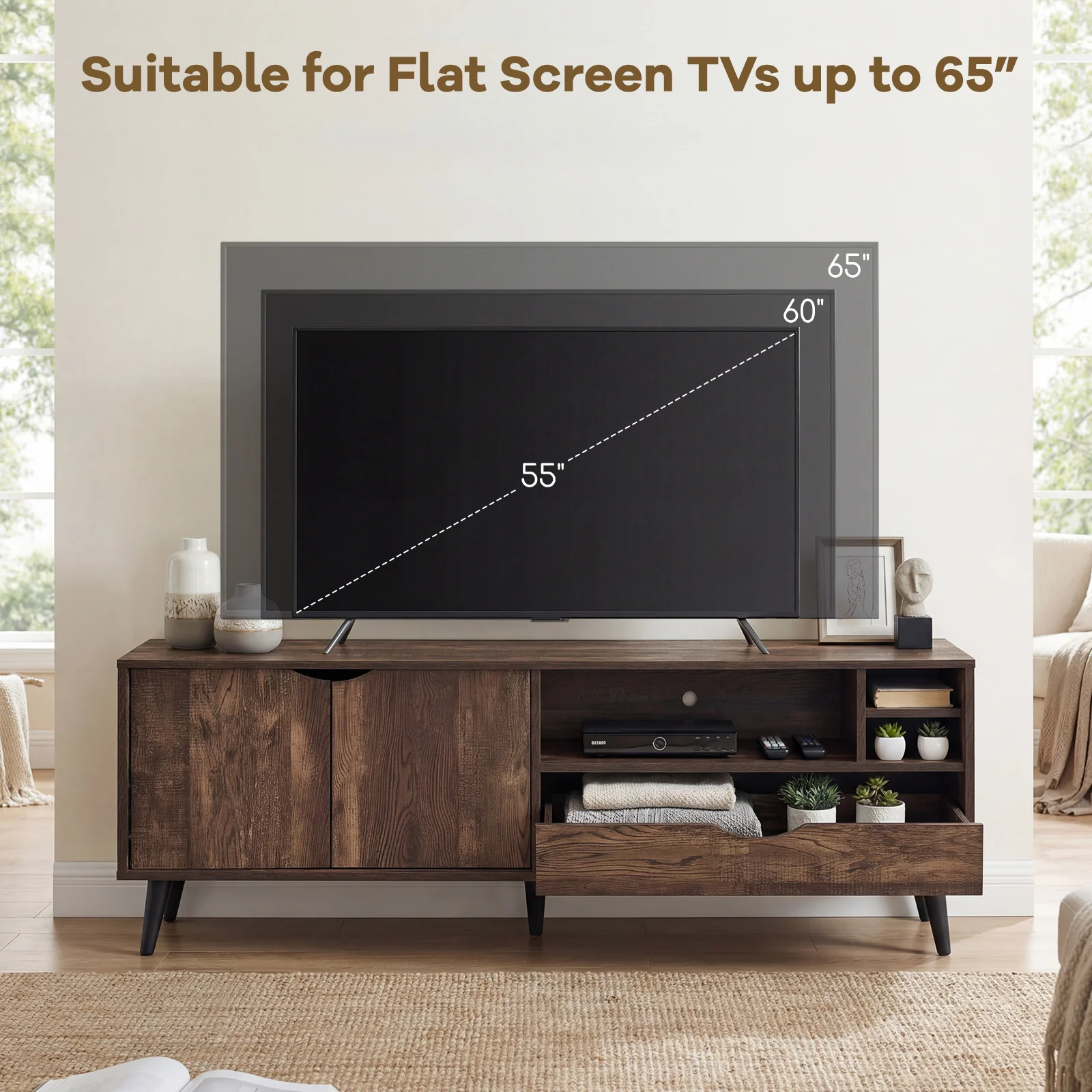 TV Stand For 65 Inches, Rustic Entertainment Center, Brown - Image 9