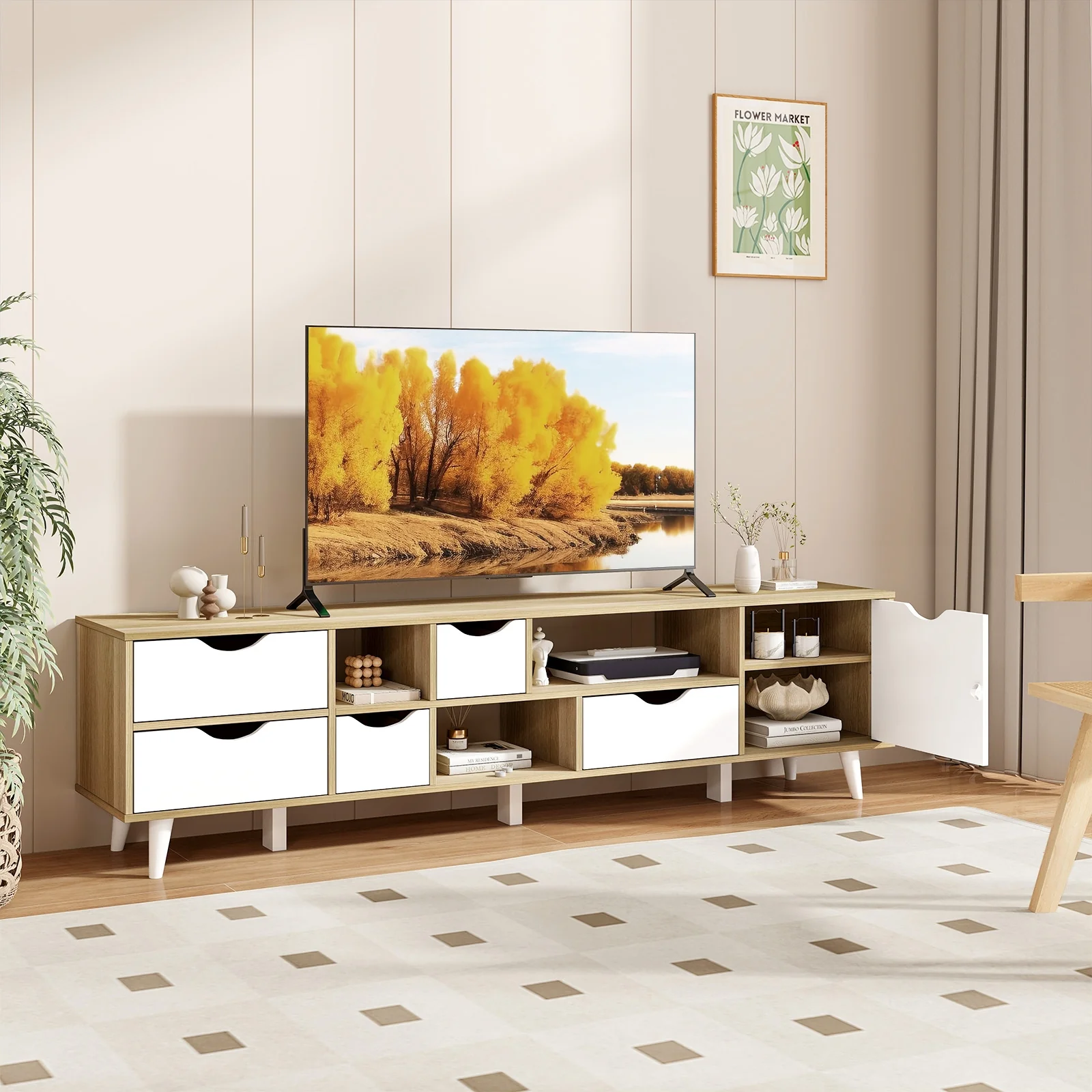TV Stand For 65” TVs, Oak Cabinet With 5 Drawers, 3 Shelves - Image 2