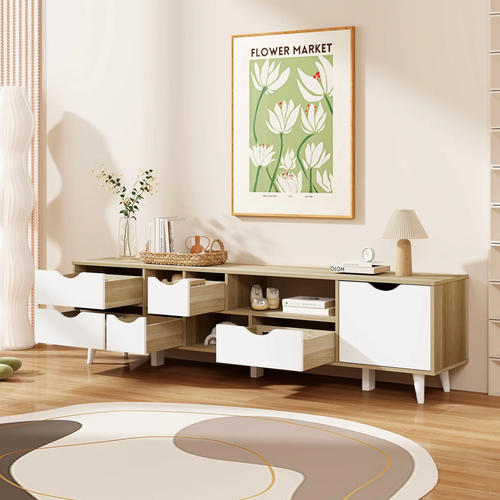 TV Stand For 65” TVs, Oak Cabinet With 5 Drawers, 3 Shelves - Image 3