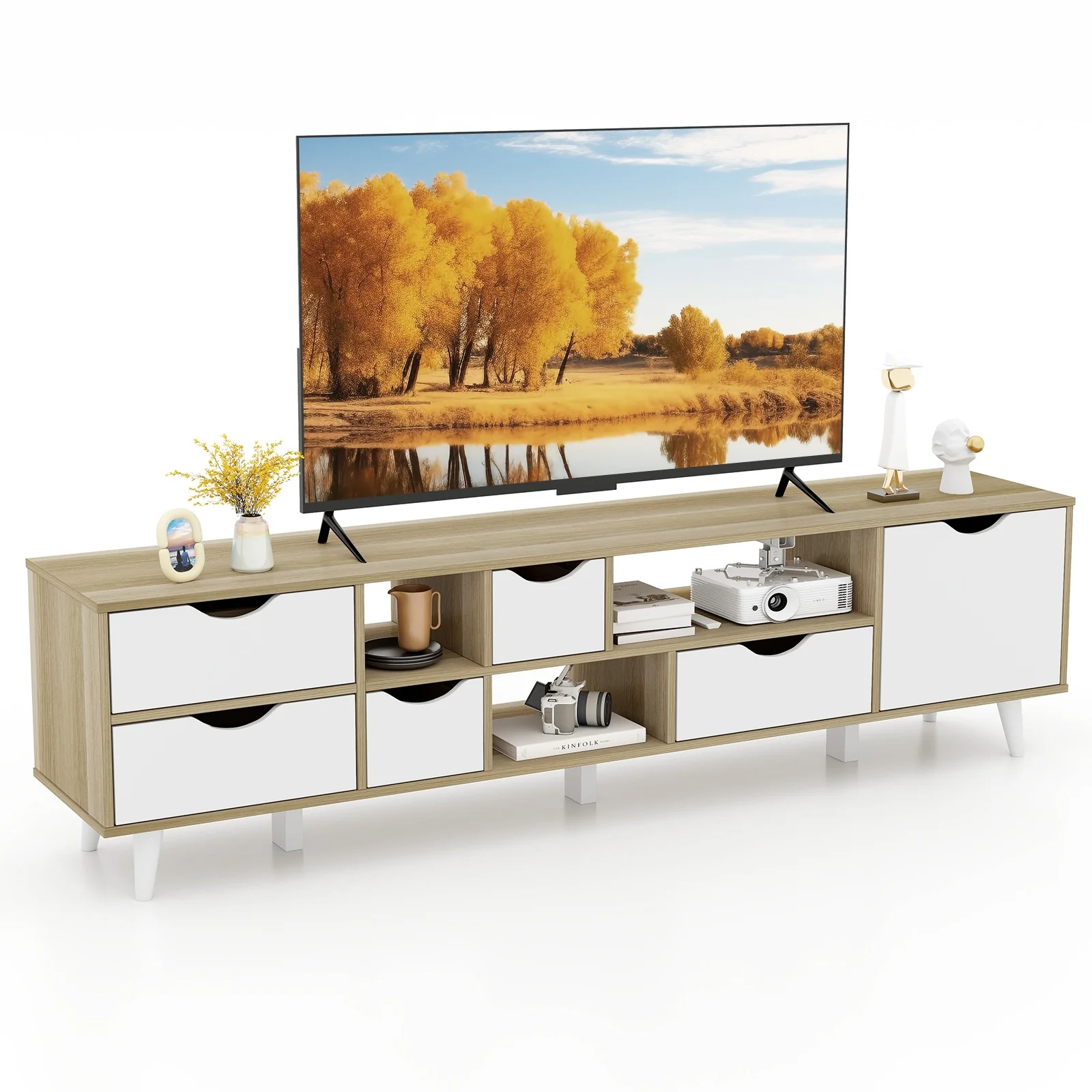 TV Stand For 65” TVs, Oak Cabinet With 5 Drawers, 3 Shelves - Image 5