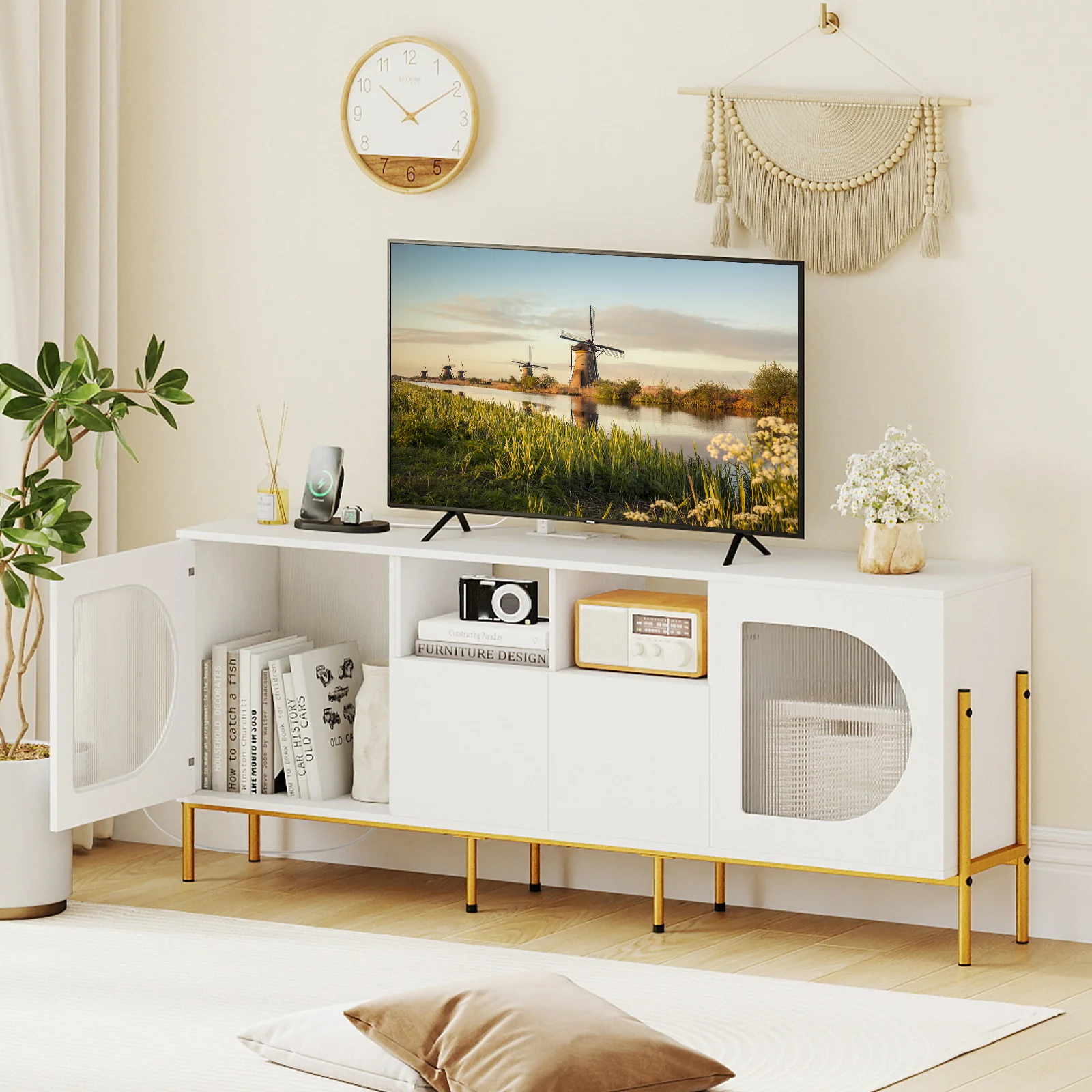 TV Stand For 70 Inch TV, With Power Outlets And Drawers, White - Image 3