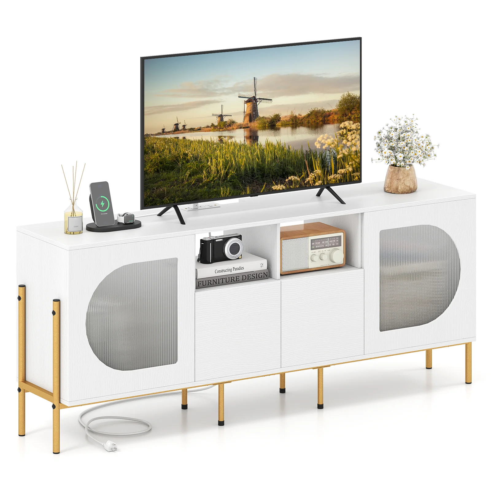 TV Stand For 70 Inch TV, With Power Outlets And Drawers, White - Image 4