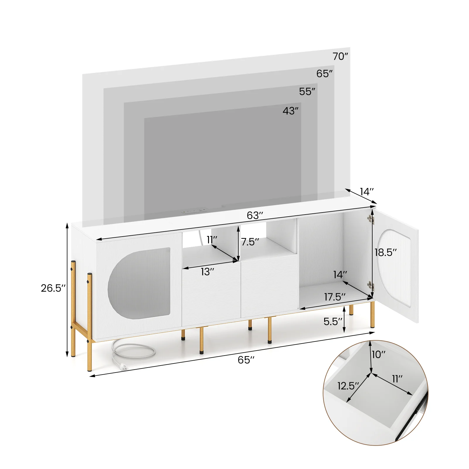 TV Stand For 70 Inch TV, With Power Outlets And Drawers, White - Image 5