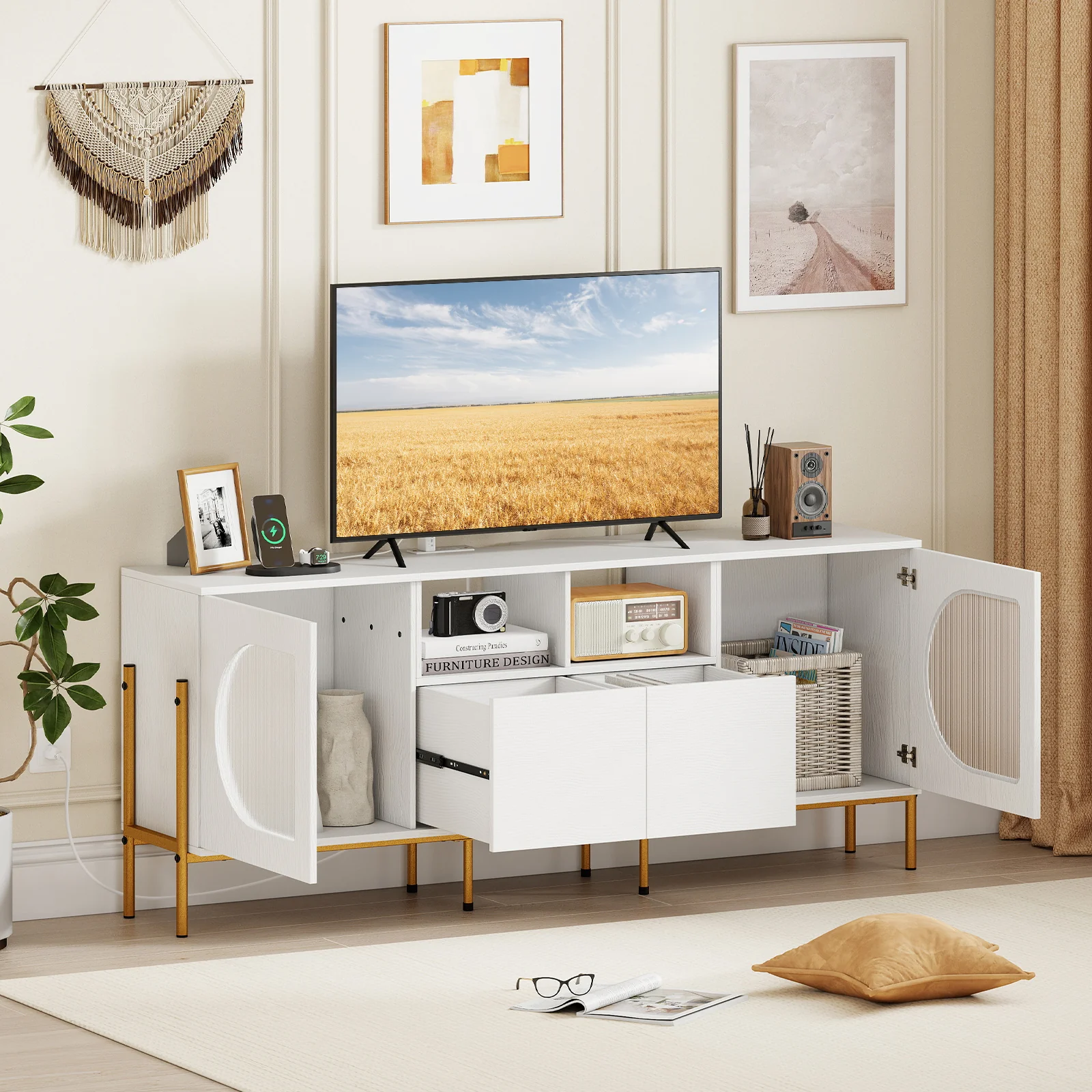 TV Stand For 70 Inch TV, With Power Outlets And Drawers, White - Image 6