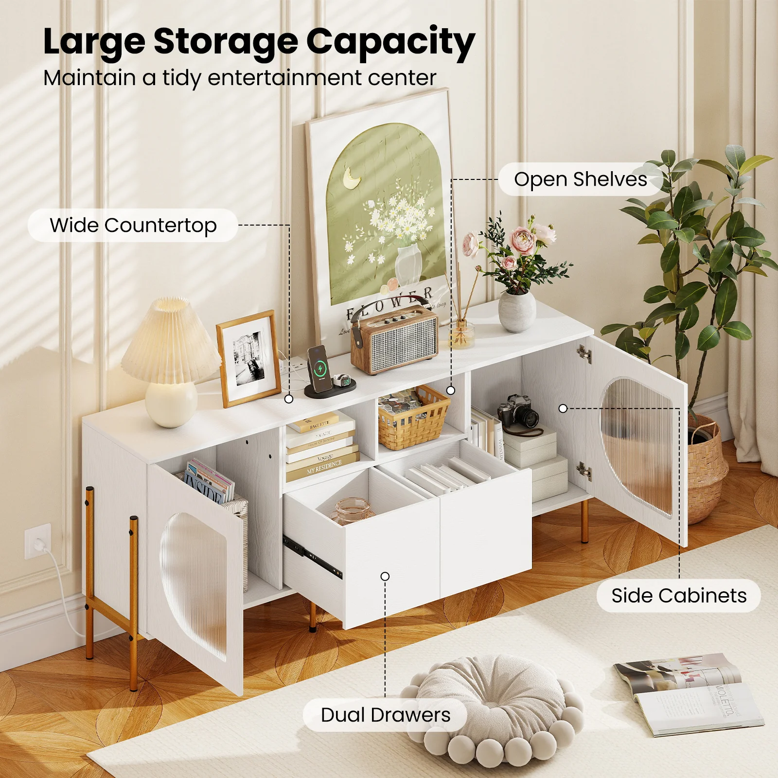 TV Stand For 70 Inch TV, With Power Outlets And Drawers, White - Image 9