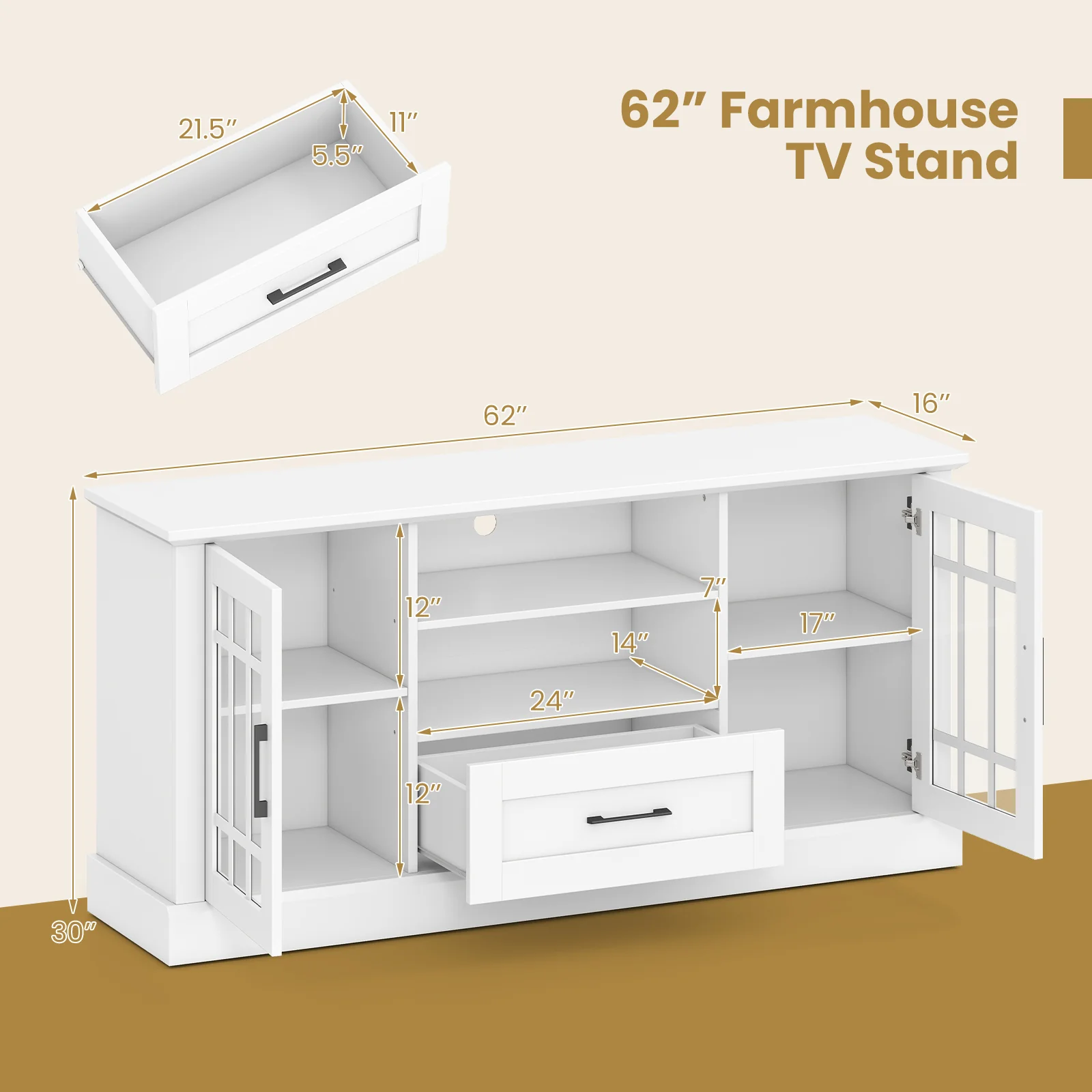 TV Stand For 70 Inch TVs, Glass Doors, Cubbies, Drawer, White - Image 6