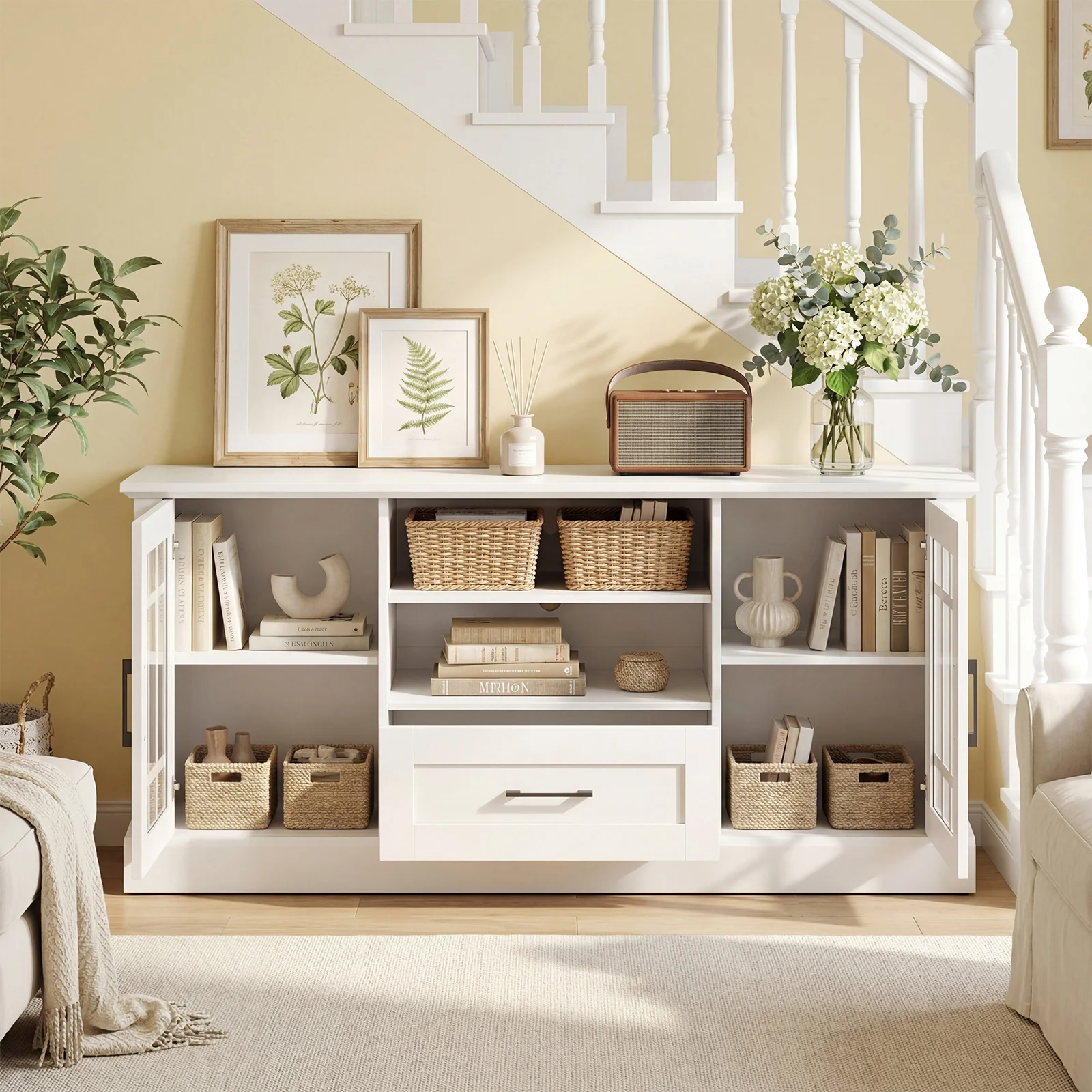 TV Stand For 70 Inch TVs, Glass Doors, Cubbies, Drawer, White - Image 7