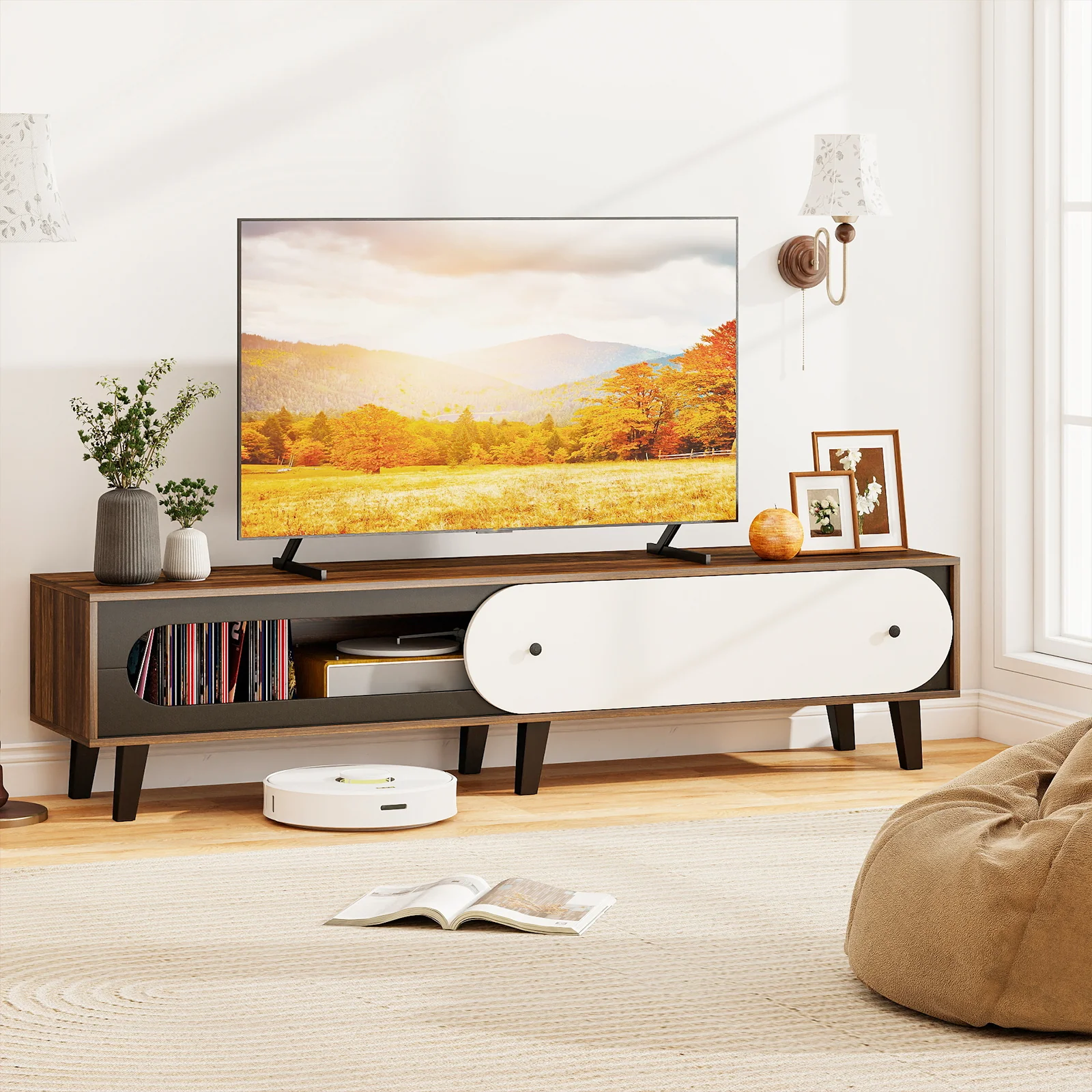 TV Stand for 80 Inch TVs Mid Century Modern Entertainment Center with Sliding Door Cabinet, Walnut - Image 2