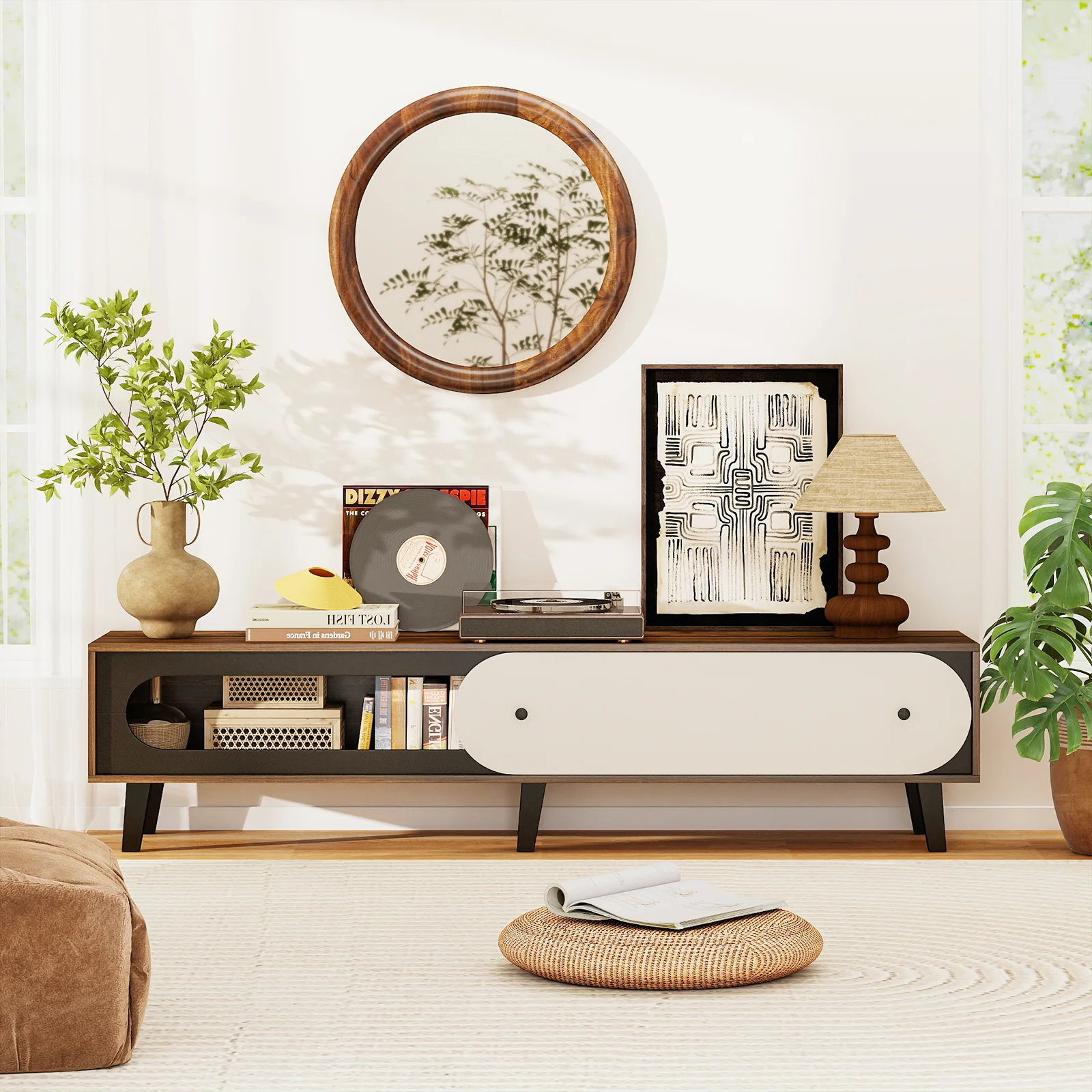 TV Stand for 80 Inch TVs Mid Century Modern Entertainment Center with Sliding Door Cabinet, Walnut - Image 3