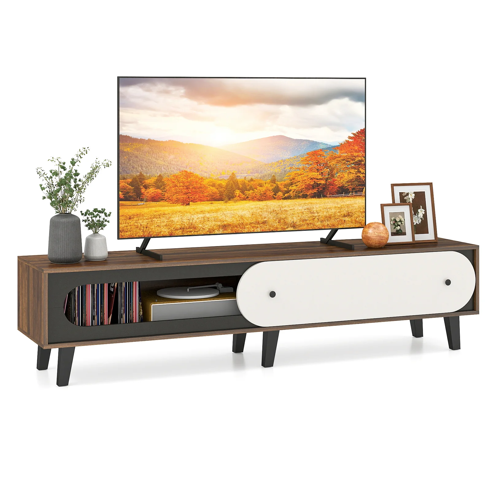 TV Stand for 80 Inch TVs Mid Century Modern Entertainment Center with Sliding Door Cabinet, Walnut - Image 4