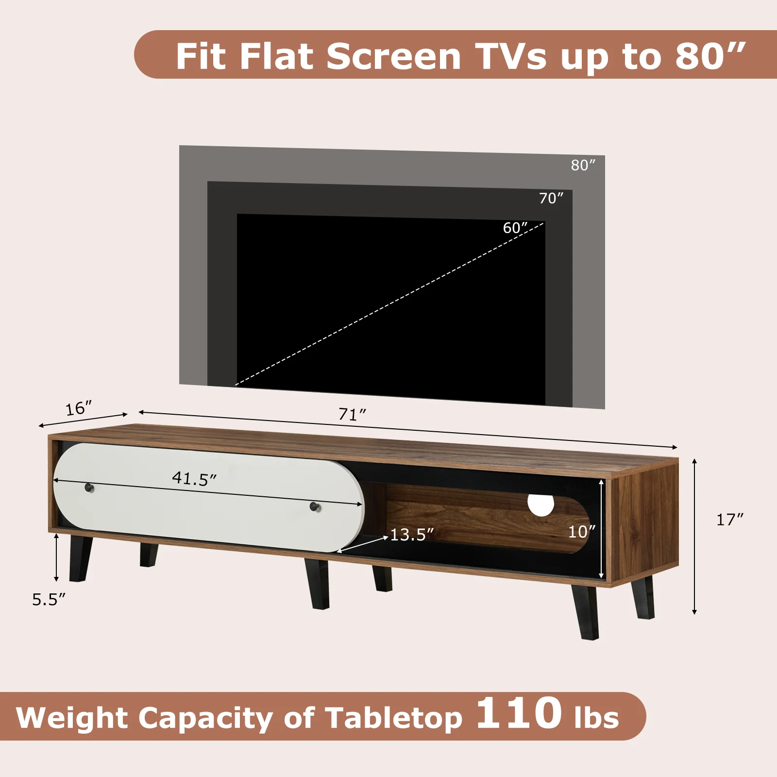 TV Stand for 80 Inch TVs Mid Century Modern Entertainment Center with Sliding Door Cabinet, Walnut - Image 6