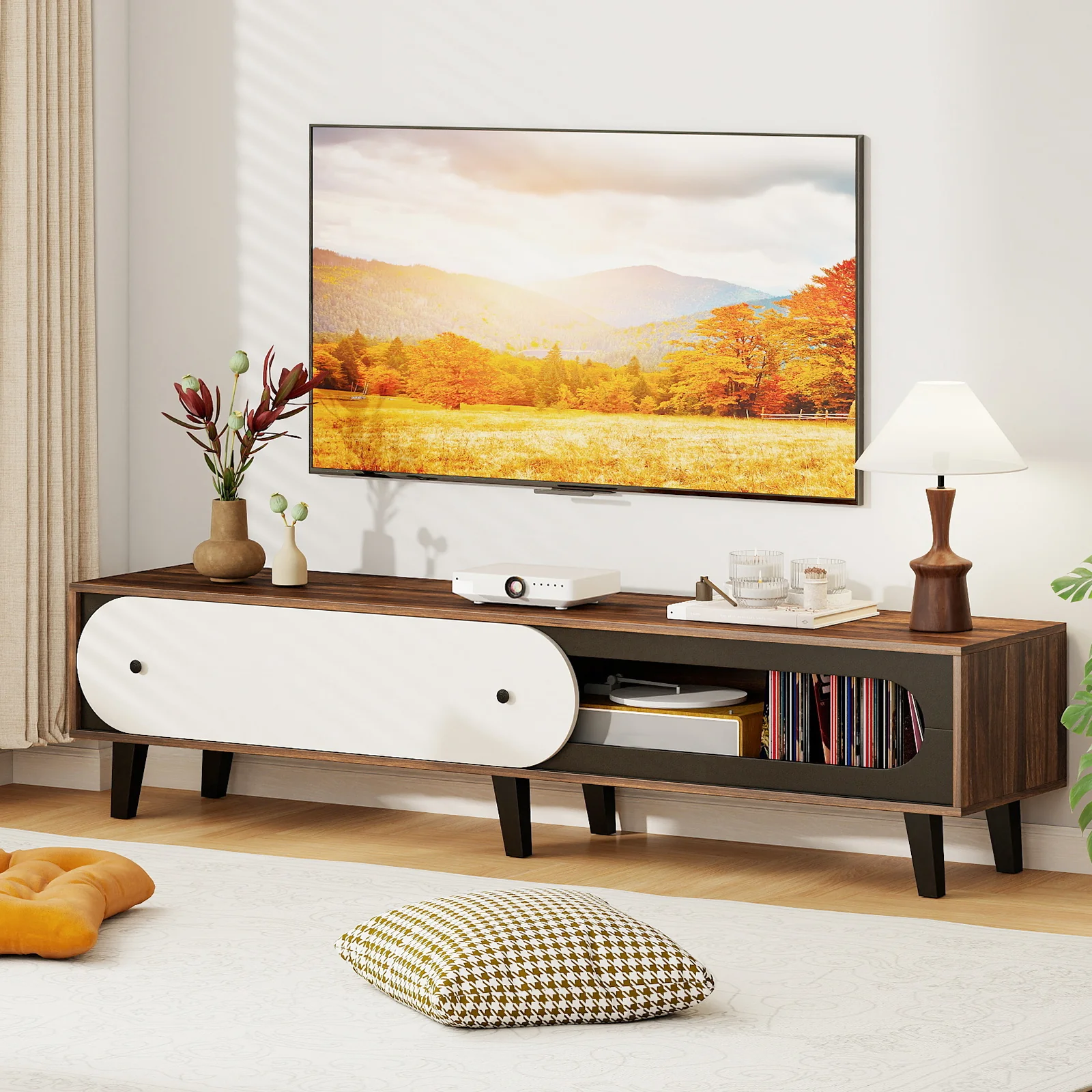 TV Stand for 80 Inch TVs Mid Century Modern Entertainment Center with Sliding Door Cabinet, Walnut - Image 7