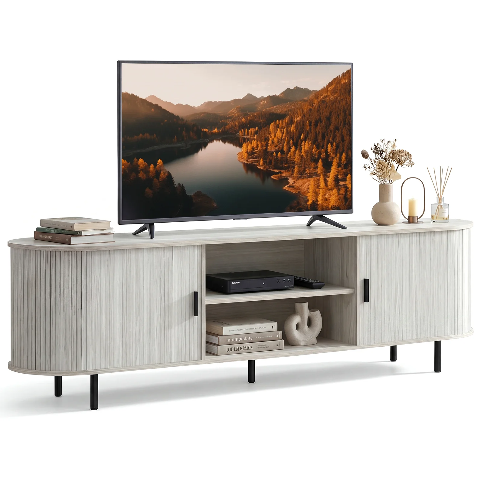 TV Stand For 80 Inch TVs, Mid Century Modern, Fluted Sliding Doors, Natural