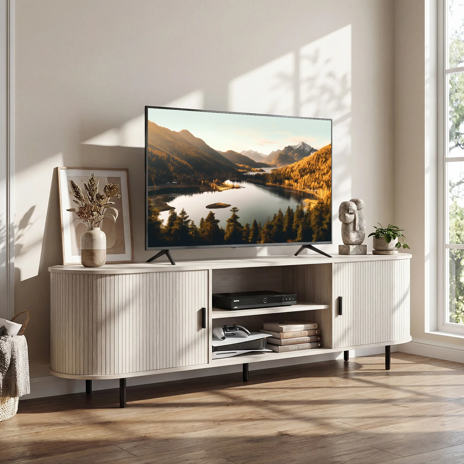 TV Stand For 80 Inch TVs, Mid Century Modern, Fluted Sliding Doors, Natural - Image 2