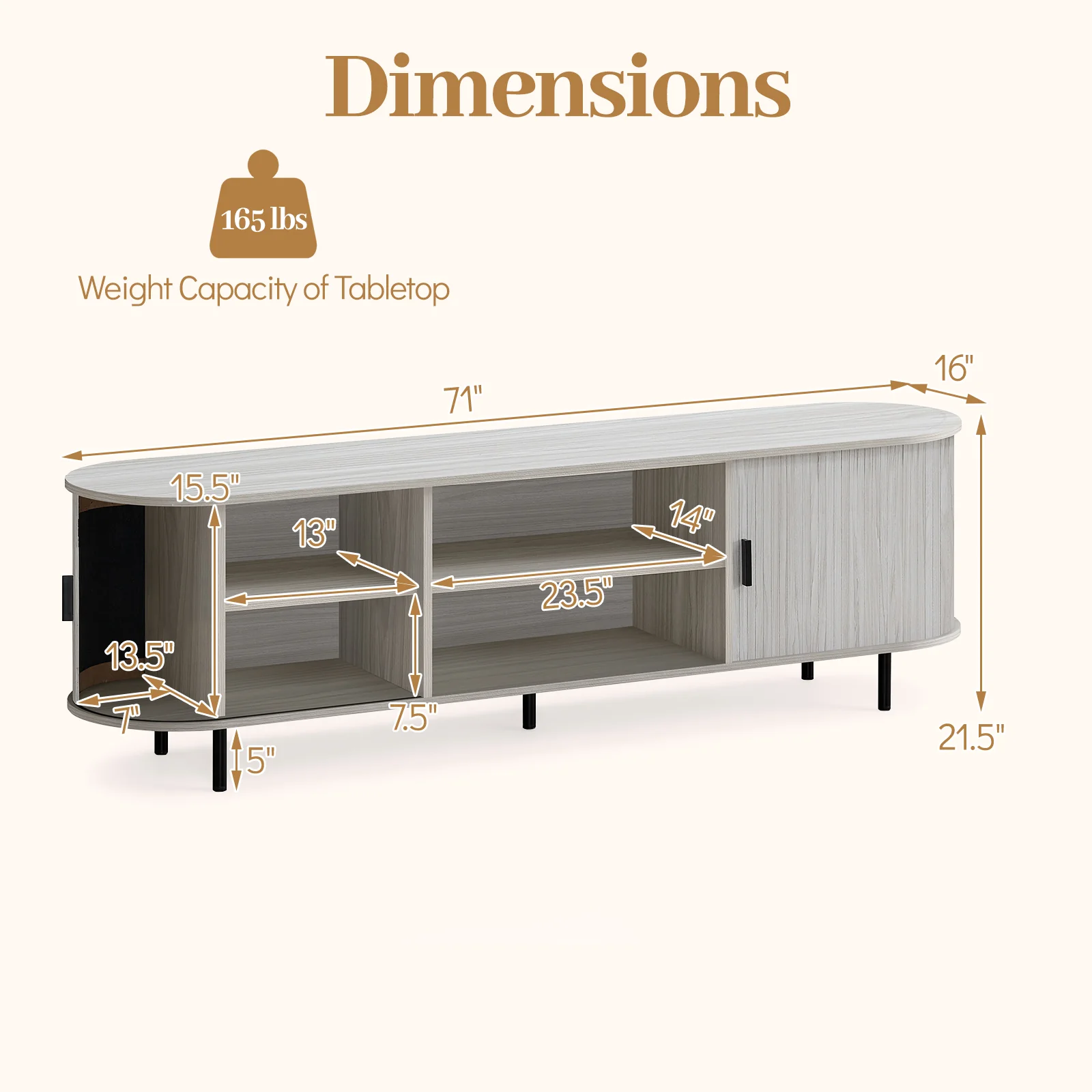 TV Stand For 80 Inch TVs, Mid Century Modern, Fluted Sliding Doors, Natural - Image 5