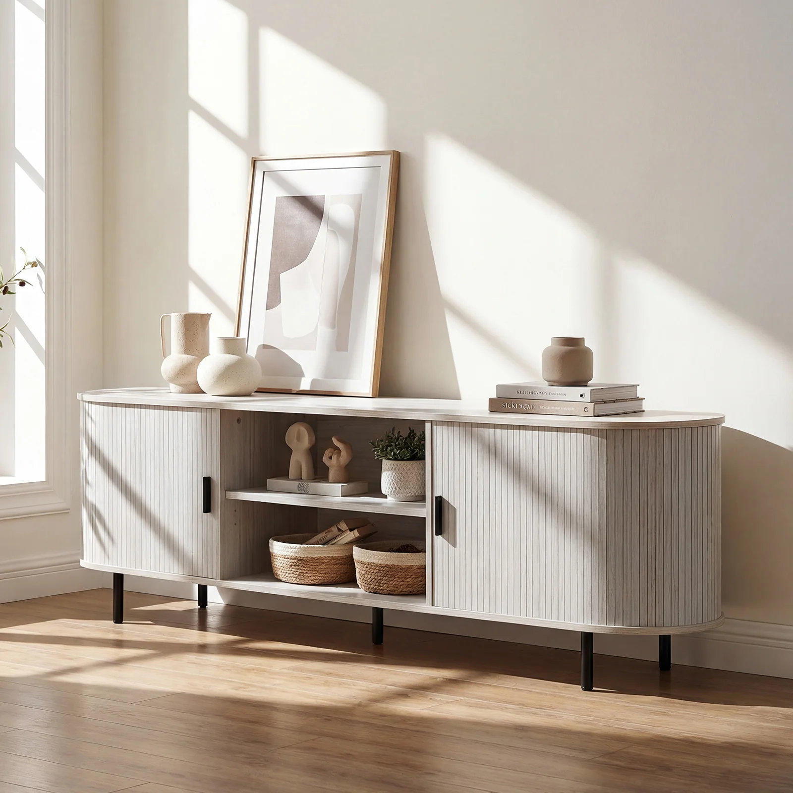 TV Stand For 80 Inch TVs, Mid Century Modern, Fluted Sliding Doors, Natural - Image 6