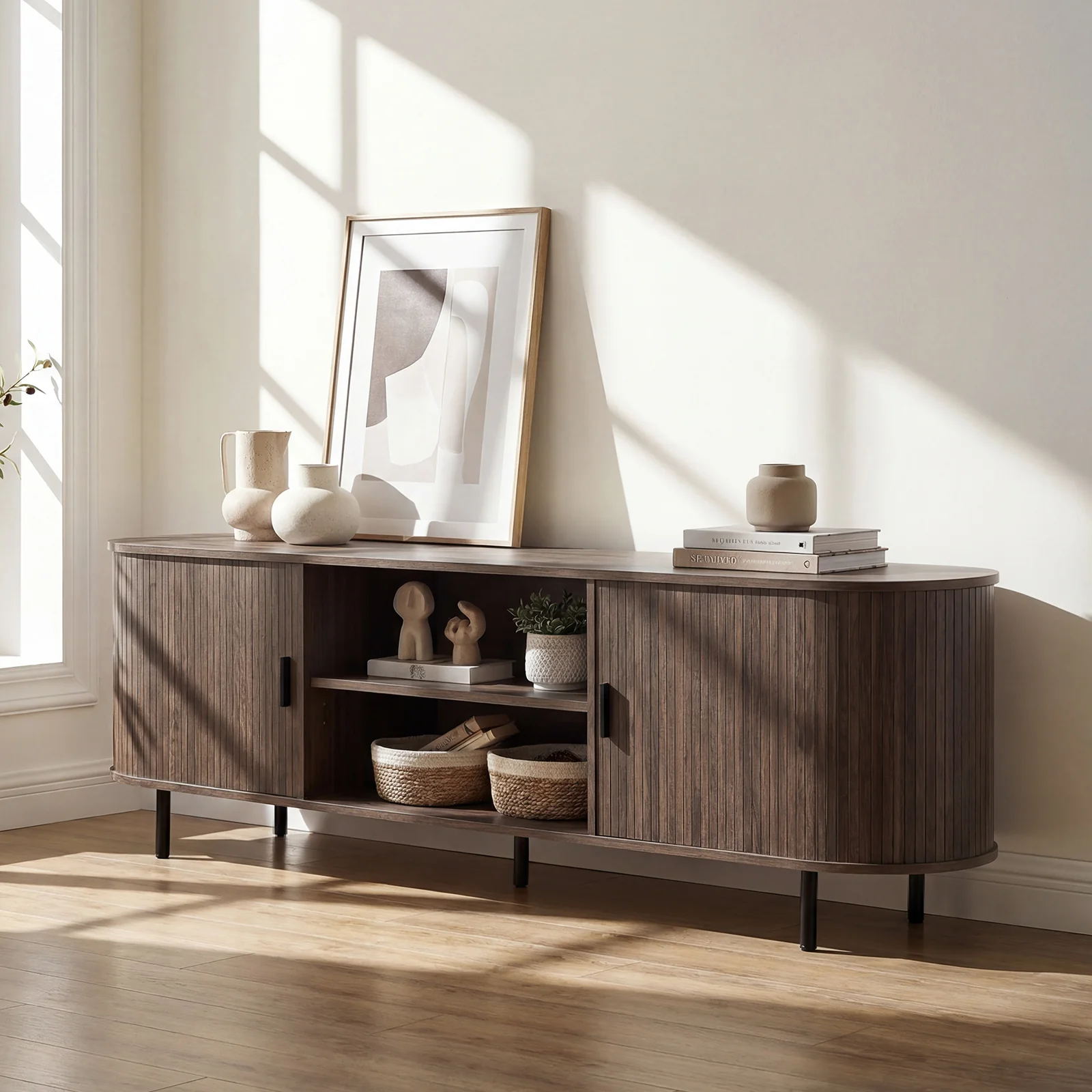 TV Stand For 80 Inch TVs, Mid Century Modern, Walnut - Image 6