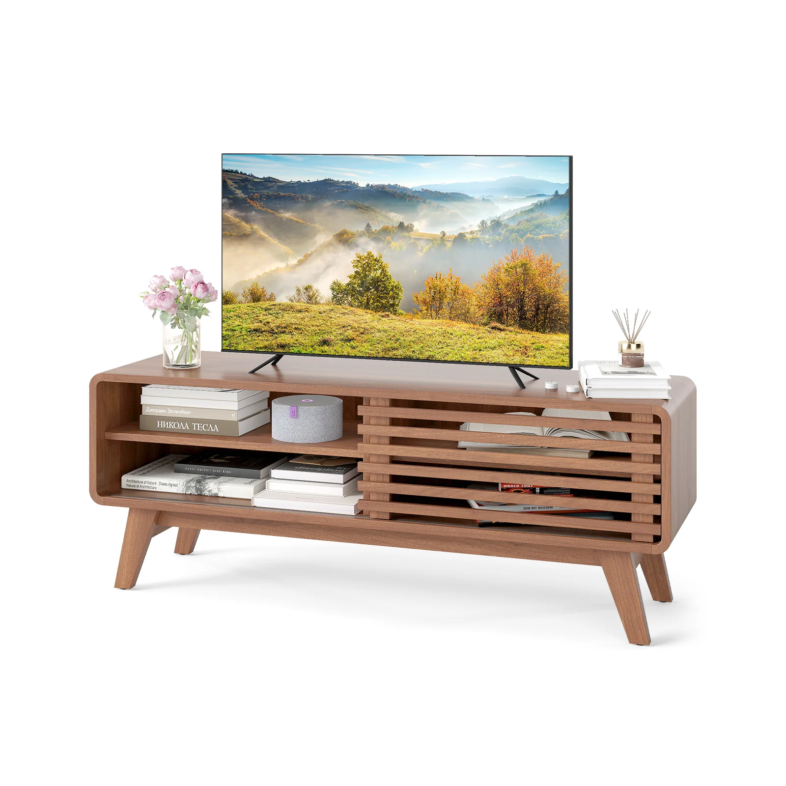 TV Stand for TVs up to 55" with Sliding Door and Adjustable Shelves for Living Room, Walnut