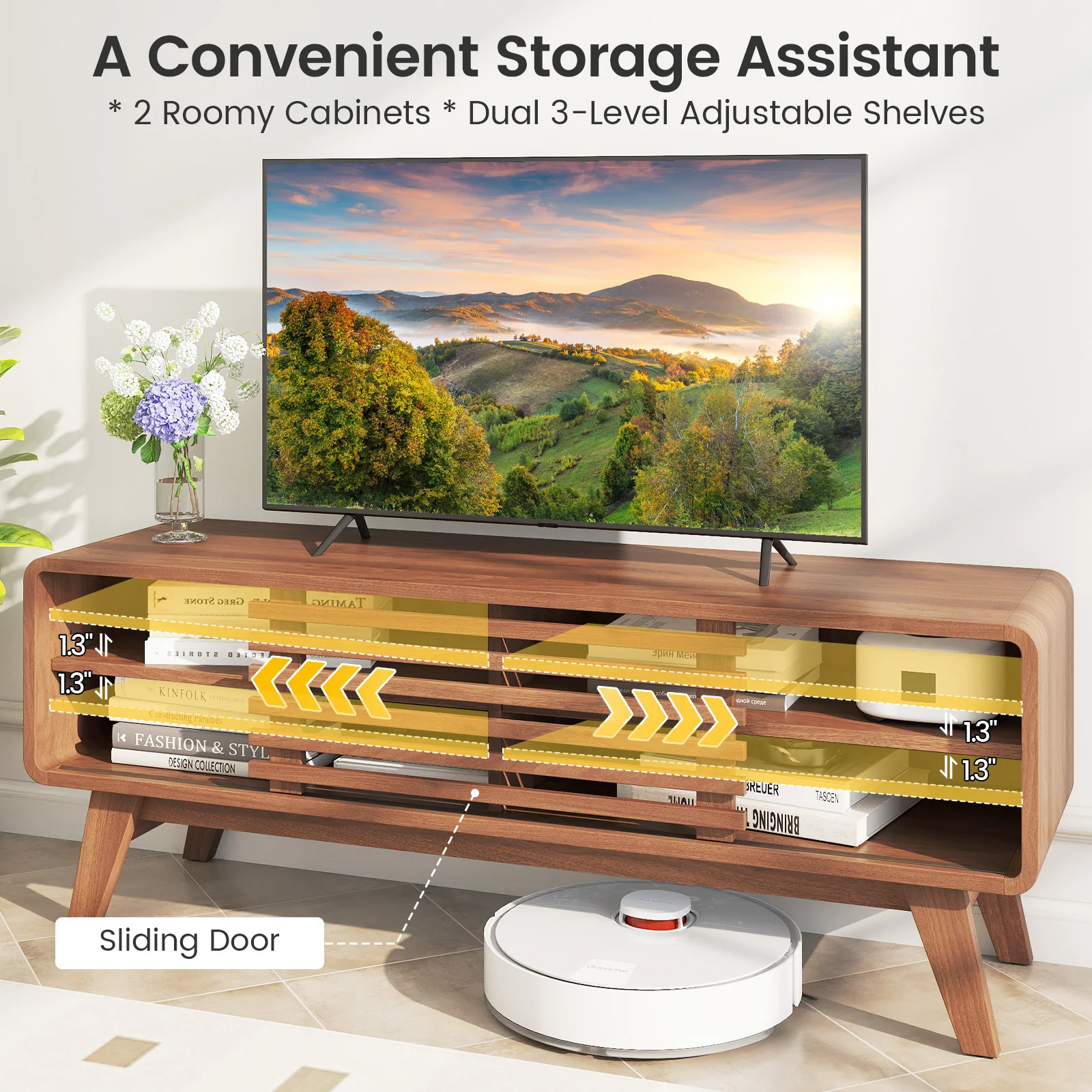 TV Stand for TVs up to 55" with Sliding Door and Adjustable Shelves for Living Room, Walnut - Image 10
